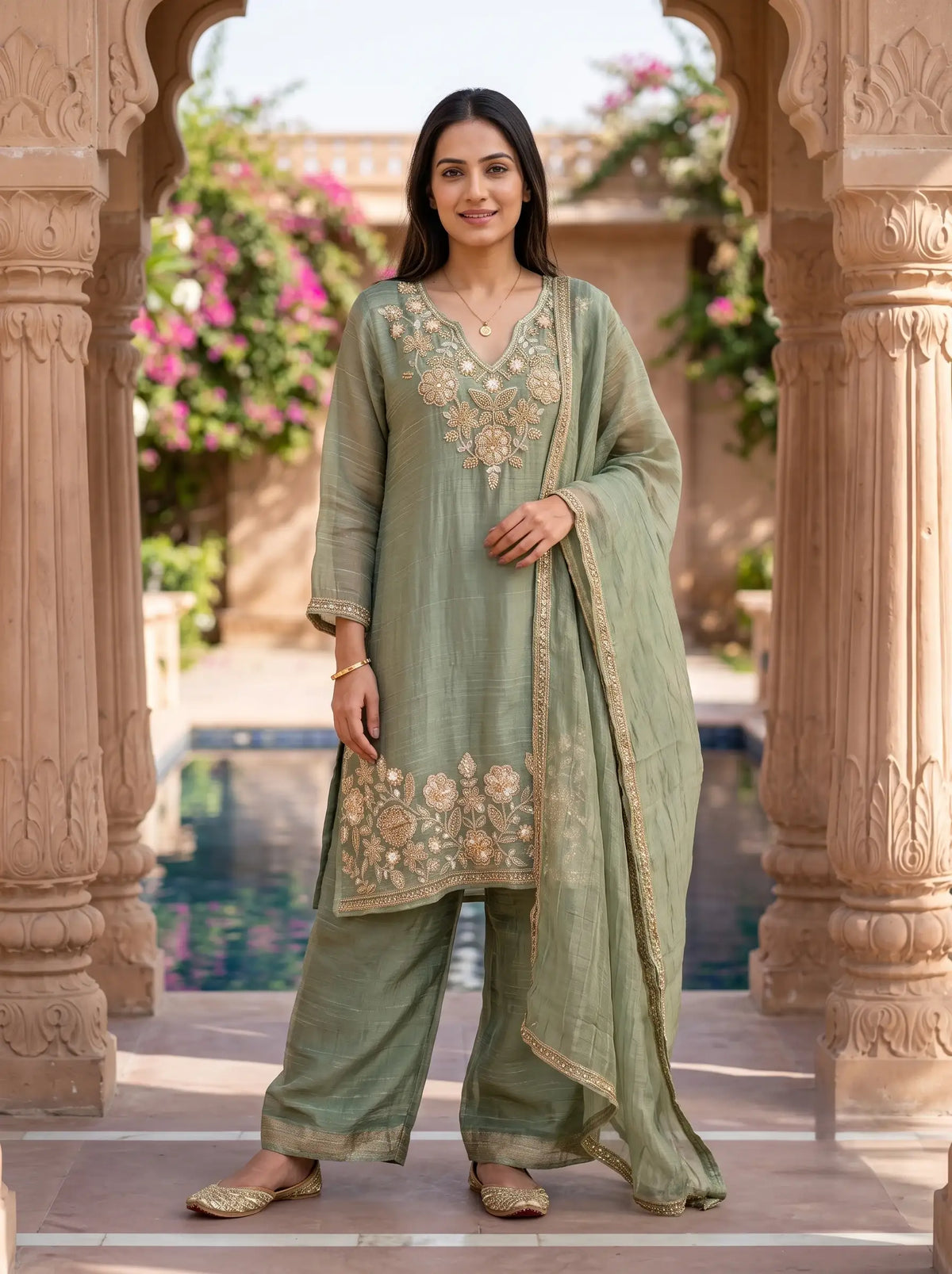 SAGE GREEN HAND EMBROIDERED DESIGNER FESTIVE SALSA SUIT SET