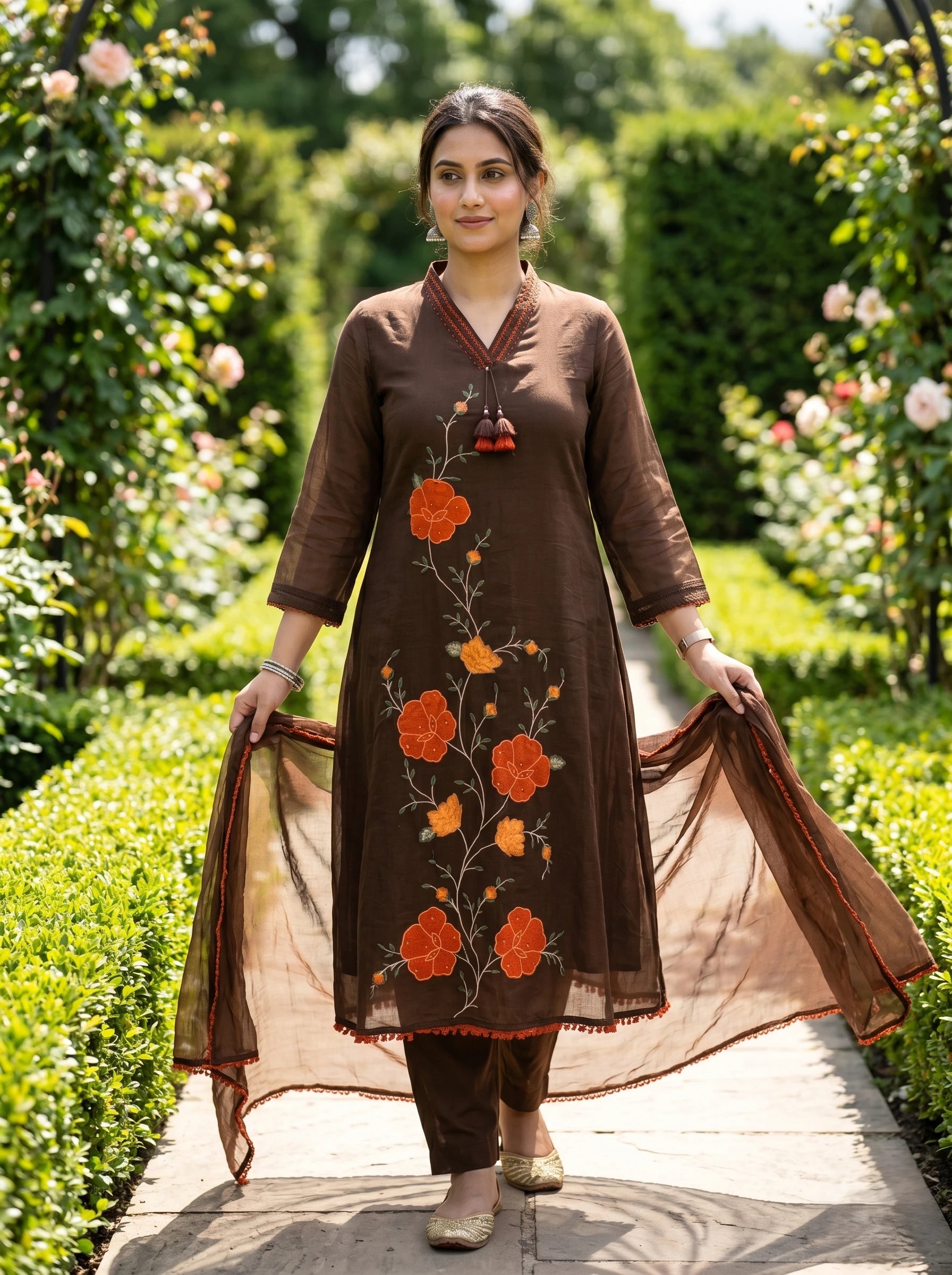 MOCHA BLOOM THREADWORK MUL COTTON SUIT SET