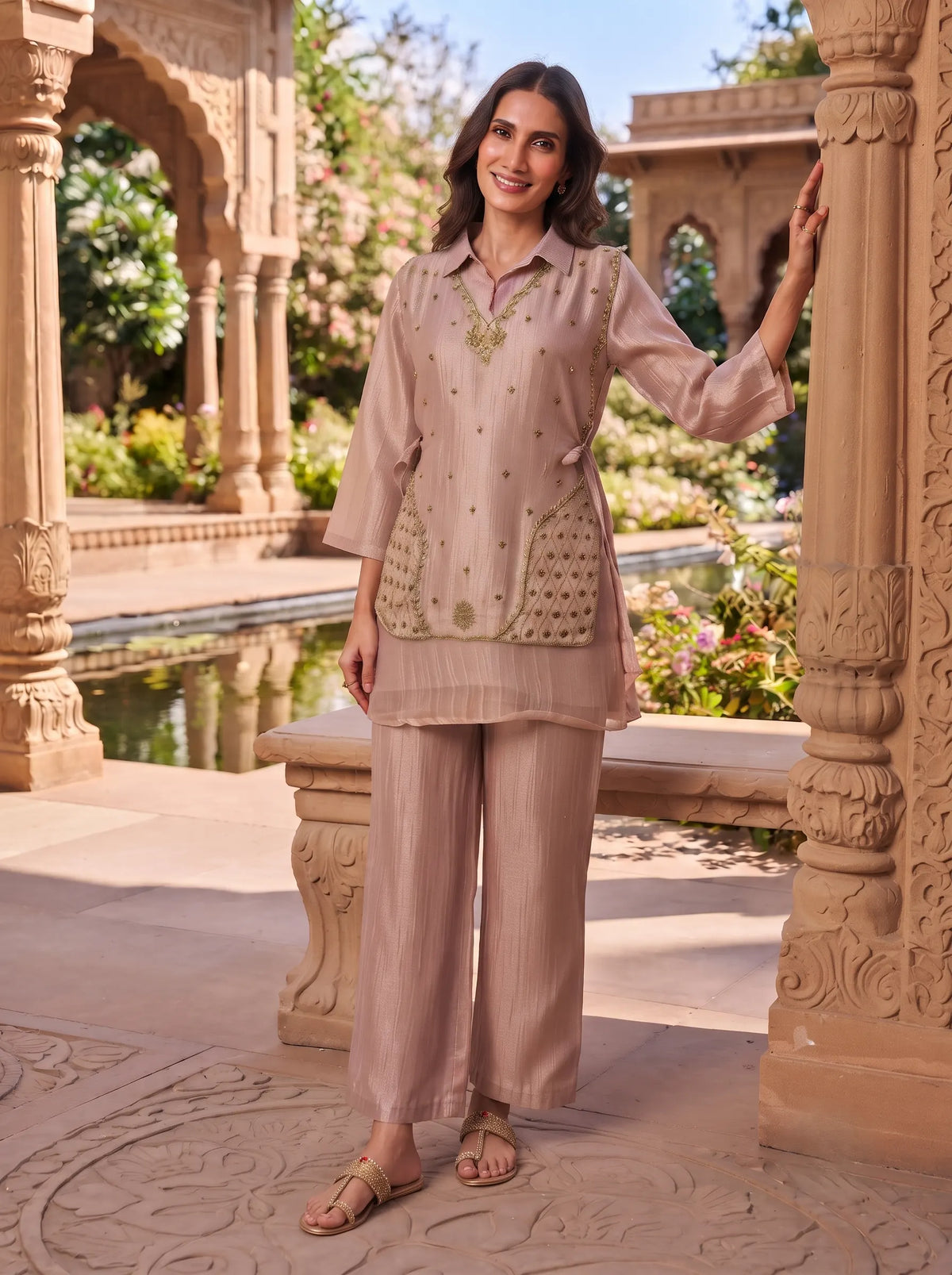 BLUSH PINK SHIMMER TISSUE EMBROIDERED TUNIC PANT CO-ORD SET