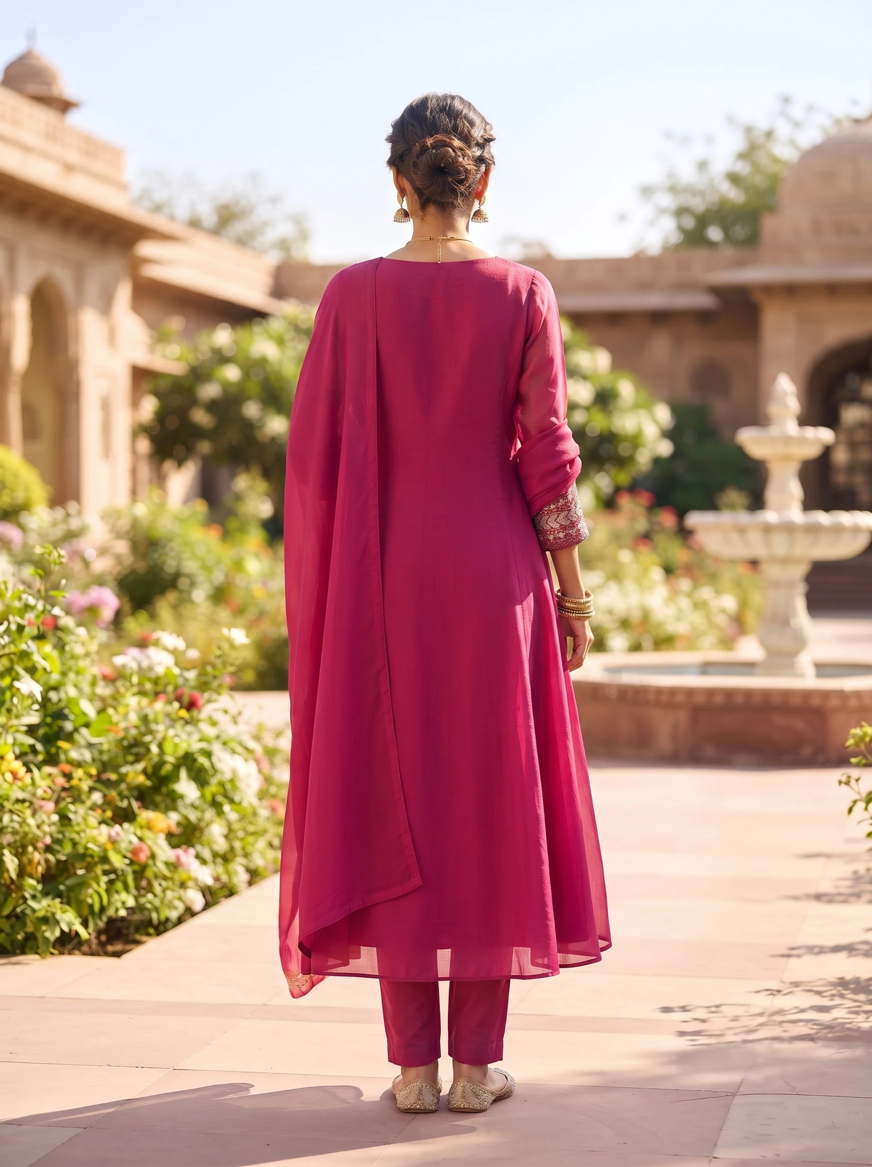 HOT PINK BANARSI MUL CHANDERI DELICATE ZARI WORK SUIT SET