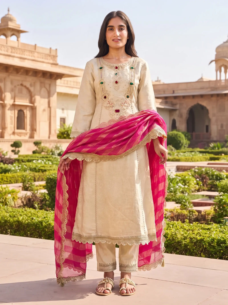 CHAMPAGNE GOLD GEMSTONE EMBELLISHED BANARSI SILK SUIT WITH DUPATTA