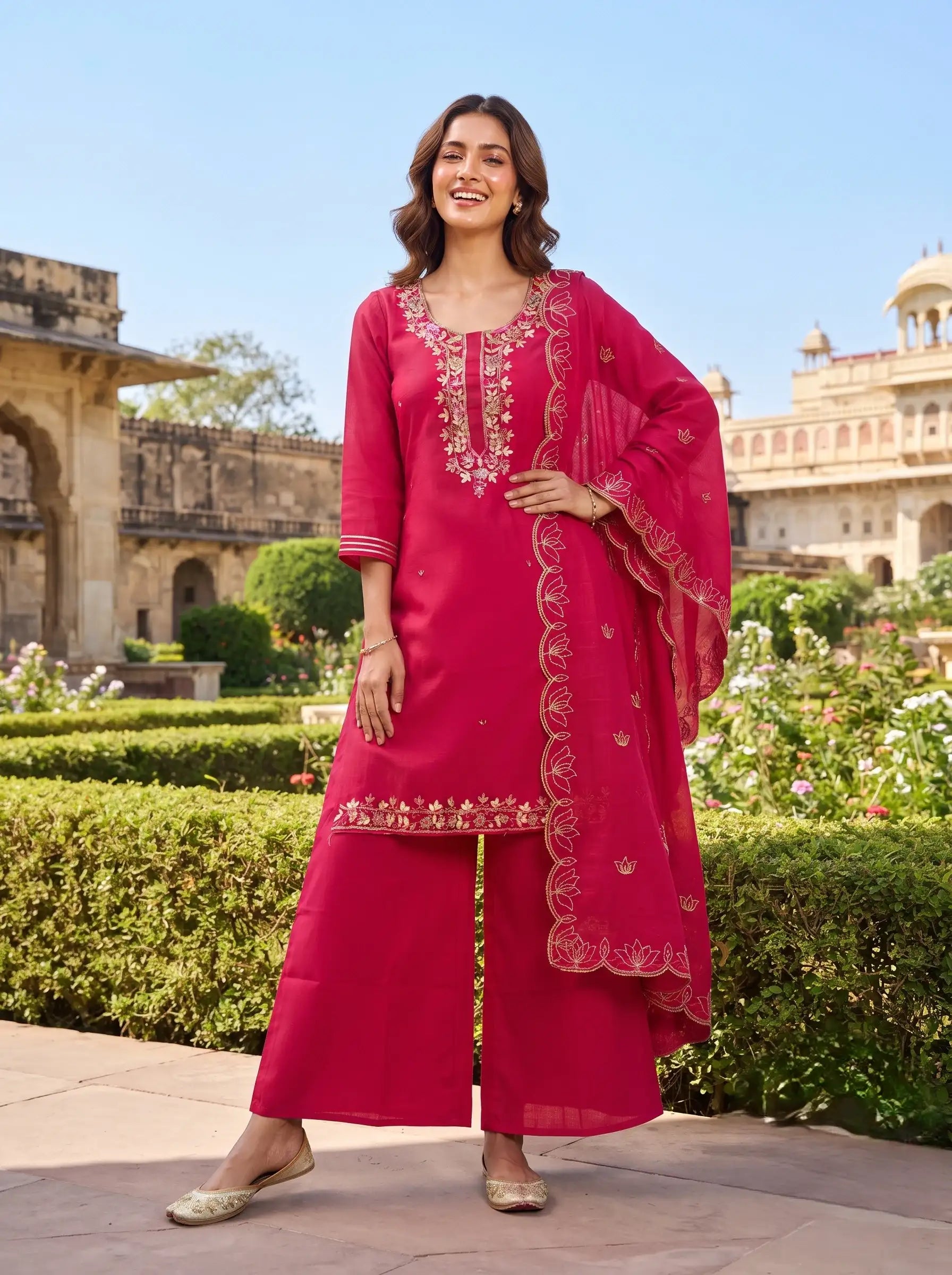 CORAL PINK GOLDEN FLORAL EMBROIDERED MUL CHANDERI SUIT SET