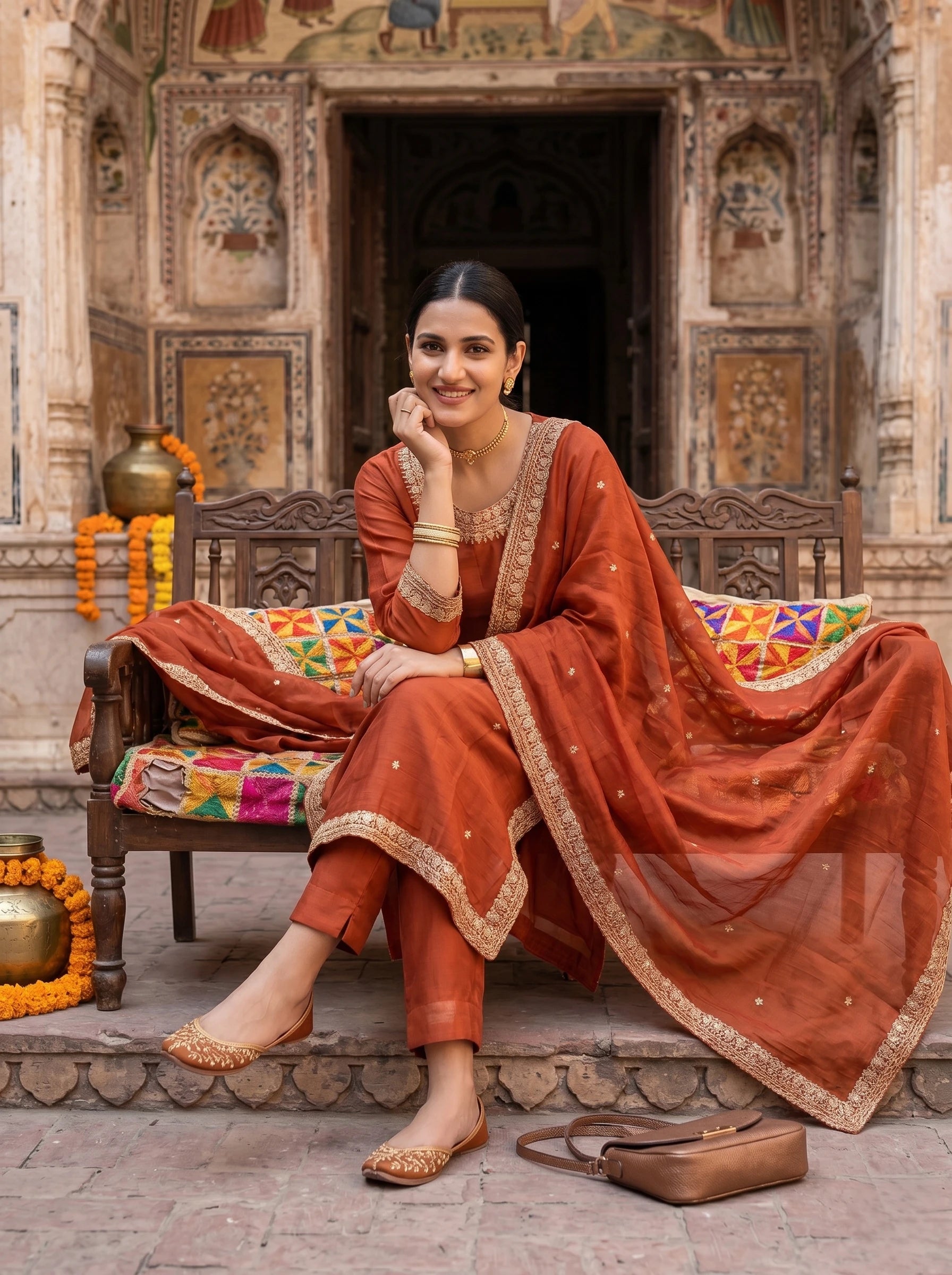 SANIA RUST ORANGE STRAIGHT SUIT SET
