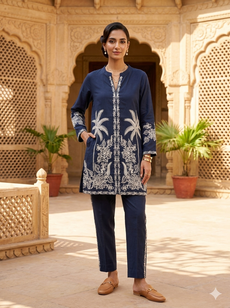 MIDNIGHT ROYAL EMBROIDERED ROMAN SILK CO-ORD SET