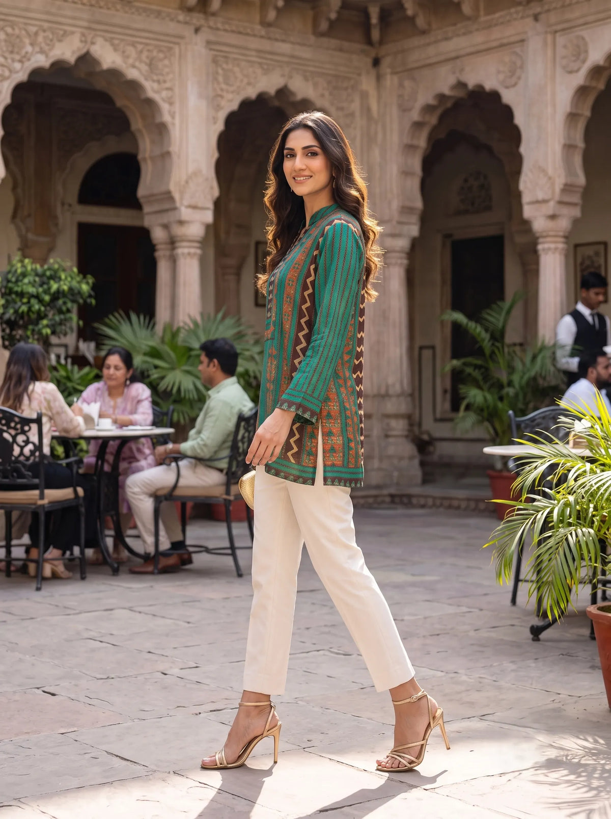 GREEN AND RUST GEOMETRIC PURE MUSLIN SHIRT TOP