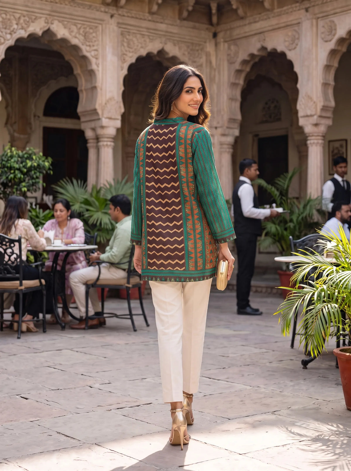 GREEN AND RUST GEOMETRIC PURE MUSLIN SHIRT TOP