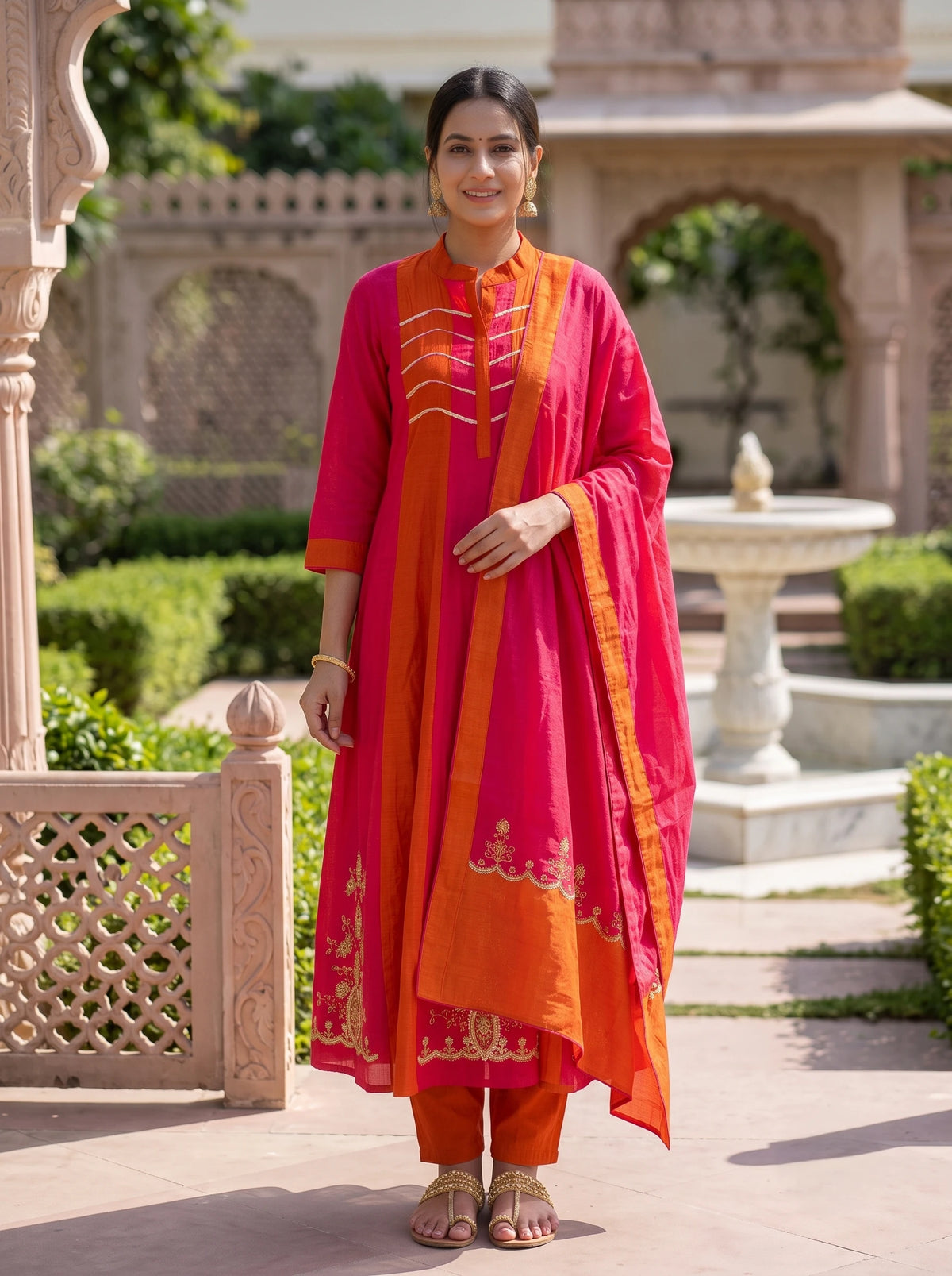 ORANGE PINK FESTIVE HAND EMBROIDERED MUL CHANDERI ANARKALI SUIT SET