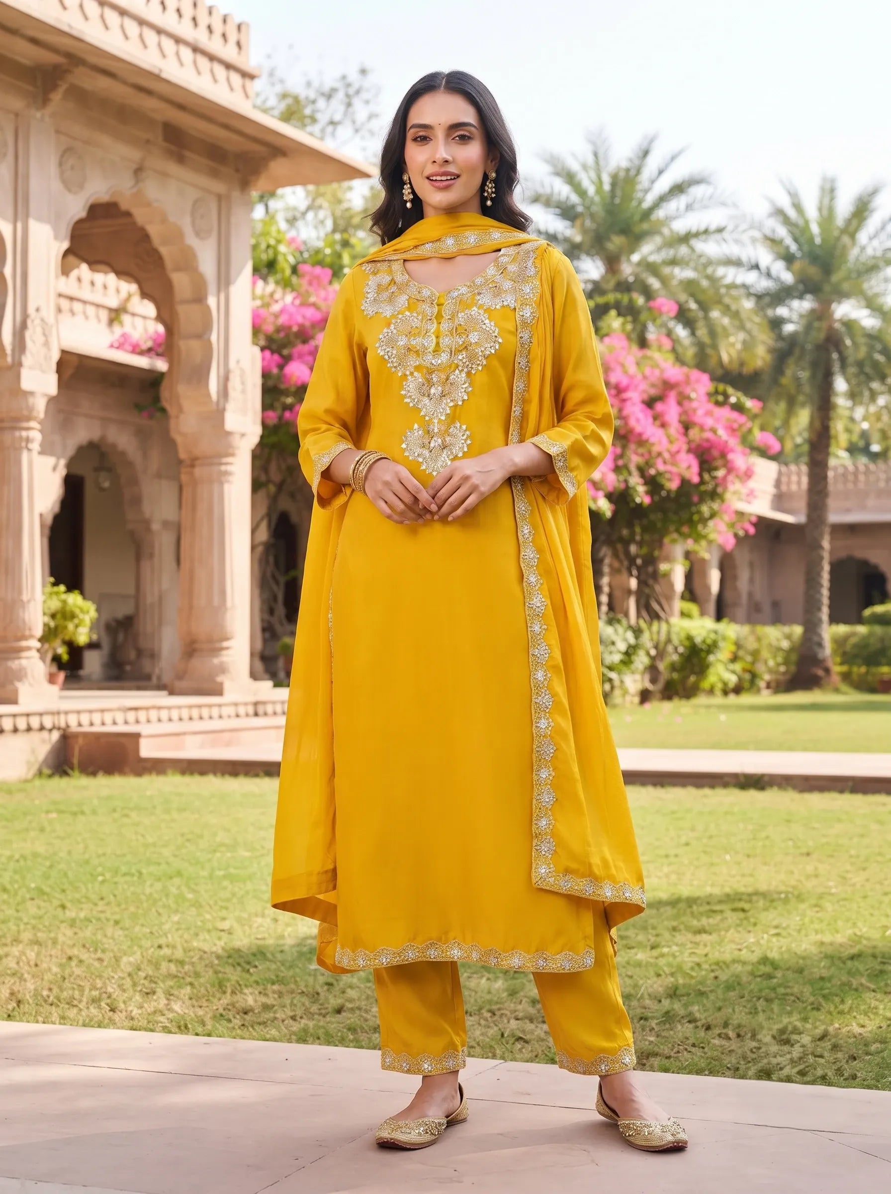 BRIGHT YELLOW FESTIVE EMBROIDERED DOLA SILK SUIT WITH DUPATTA