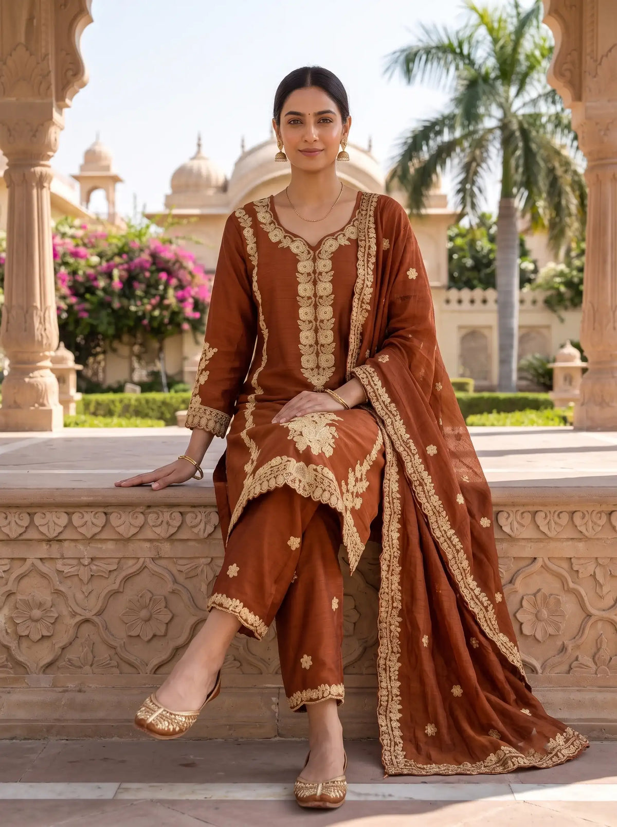 RUST BROWN HEAVY FLORAL EMBROIDERED FESTIVE SUIT SET
