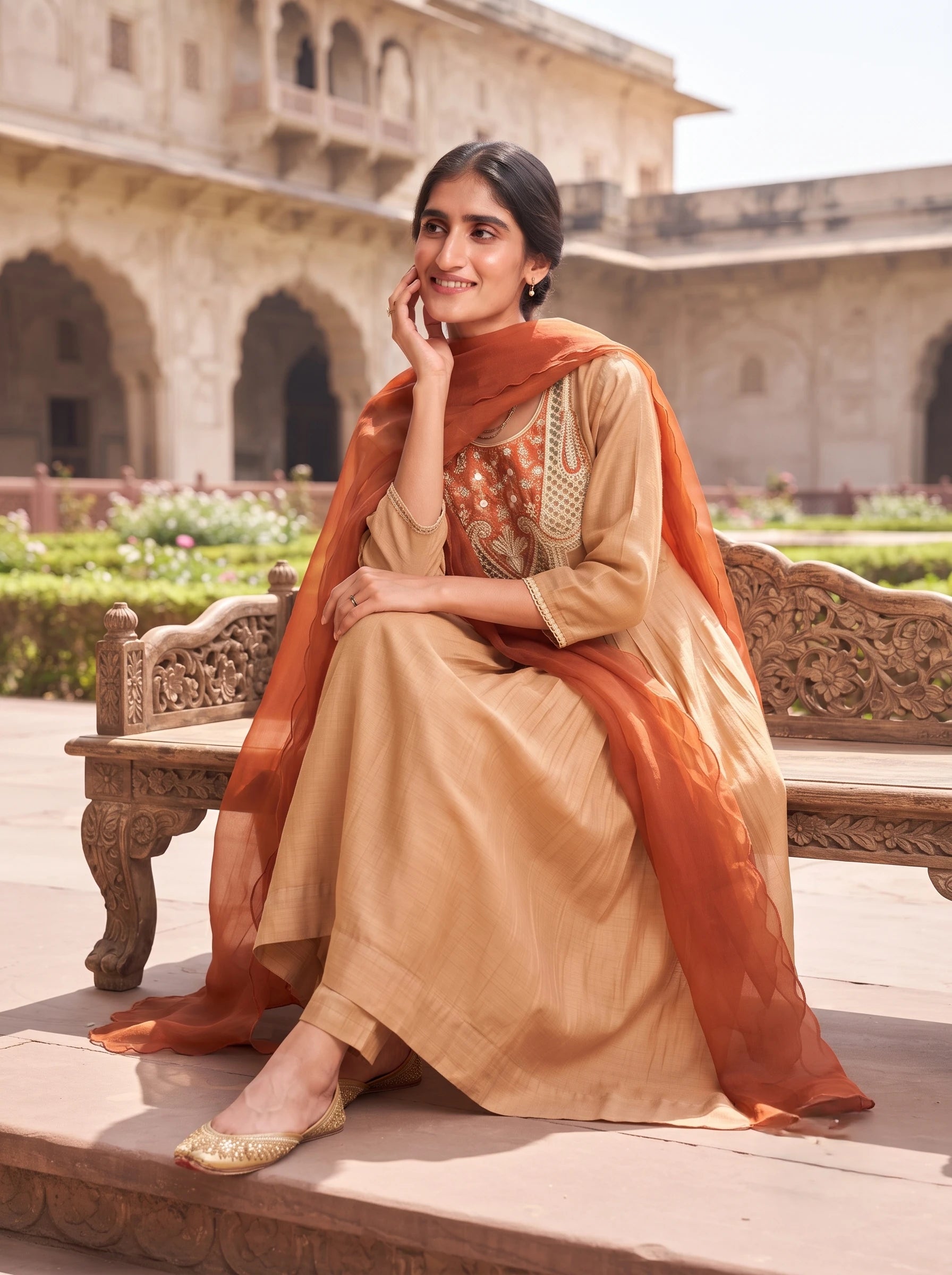 CARAMEL GOLD DESIGNER BANARSI MUL CHANDERI SUIT WITH DUPATTA