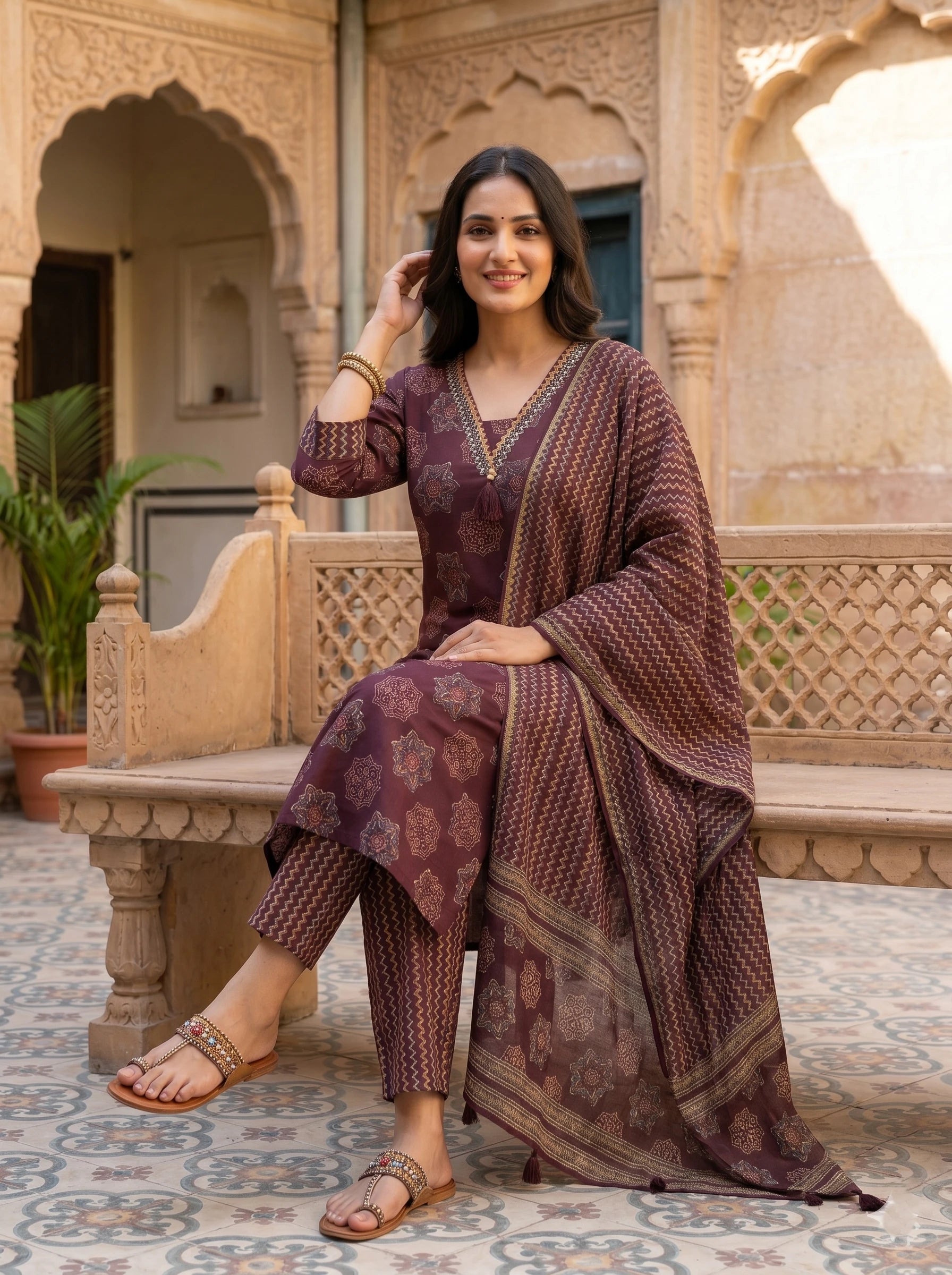 WINE BLOCK PRINT NECK EMBROIDERED SUIT SET