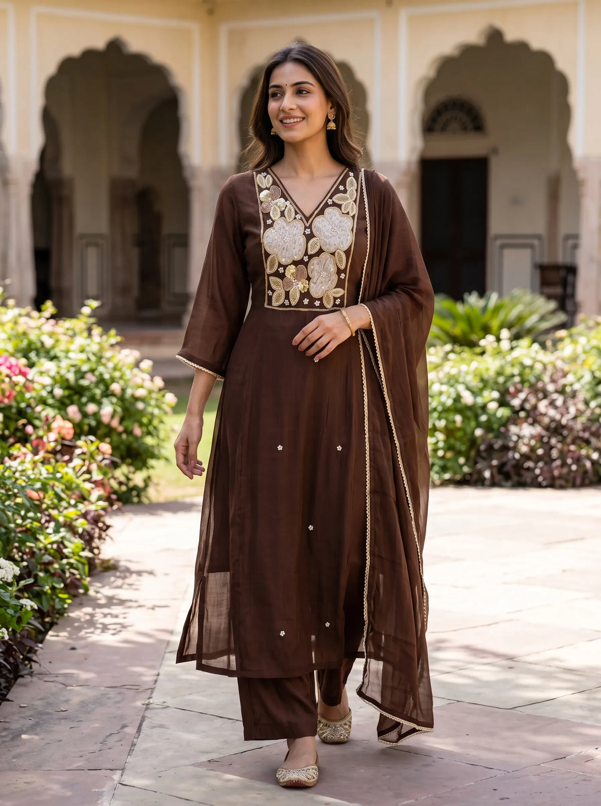 CHOCOLATE BROWN FESTIVE ANARKALI SUIT WITH HEAVY GOLD FLORAL EMBROIDERY