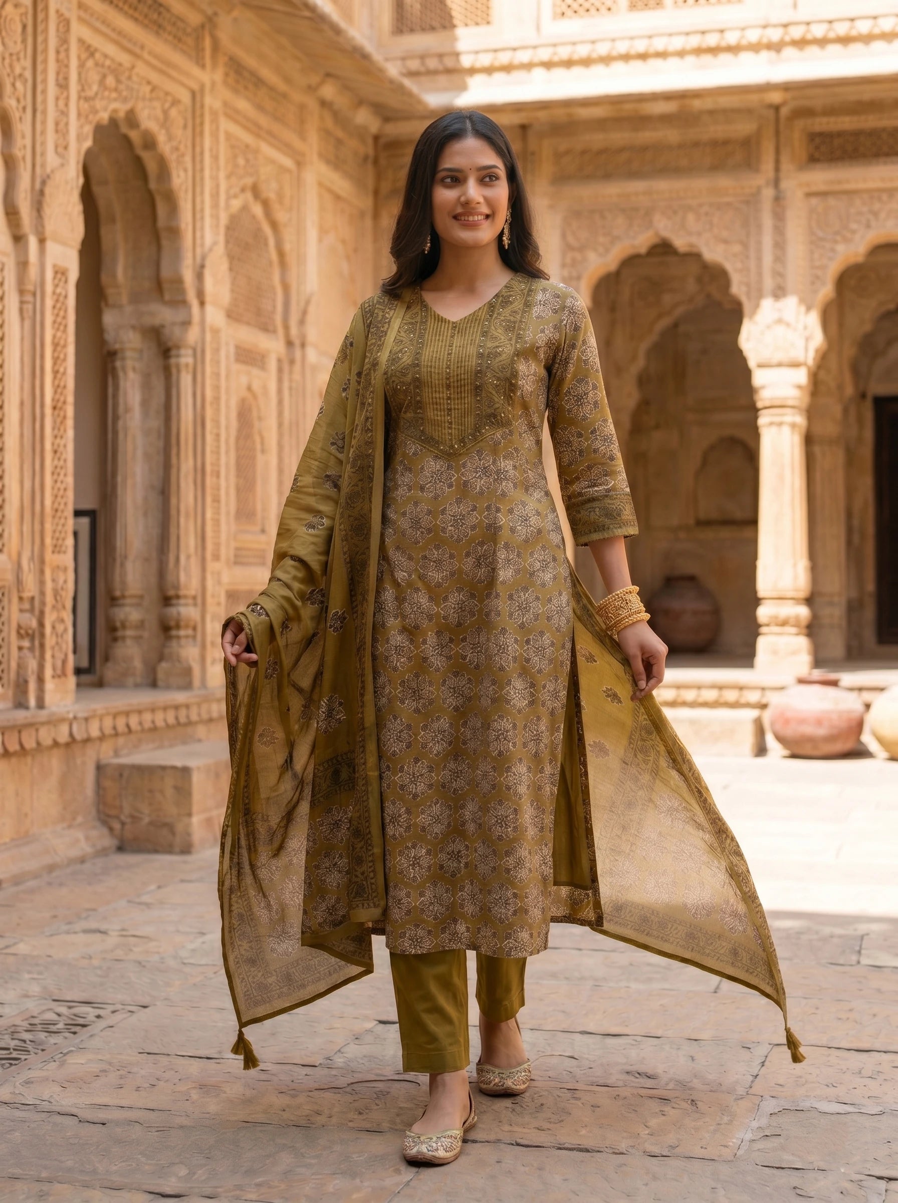 MUSTARD GOLD PRINTED SUIT SET