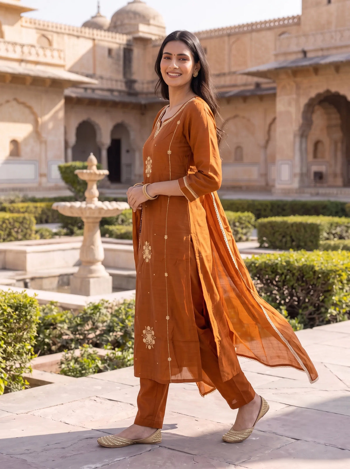 MUSTARD BROWN EMBELLISHED HAND EMBROIDERED STRAIGHT SUIT SET