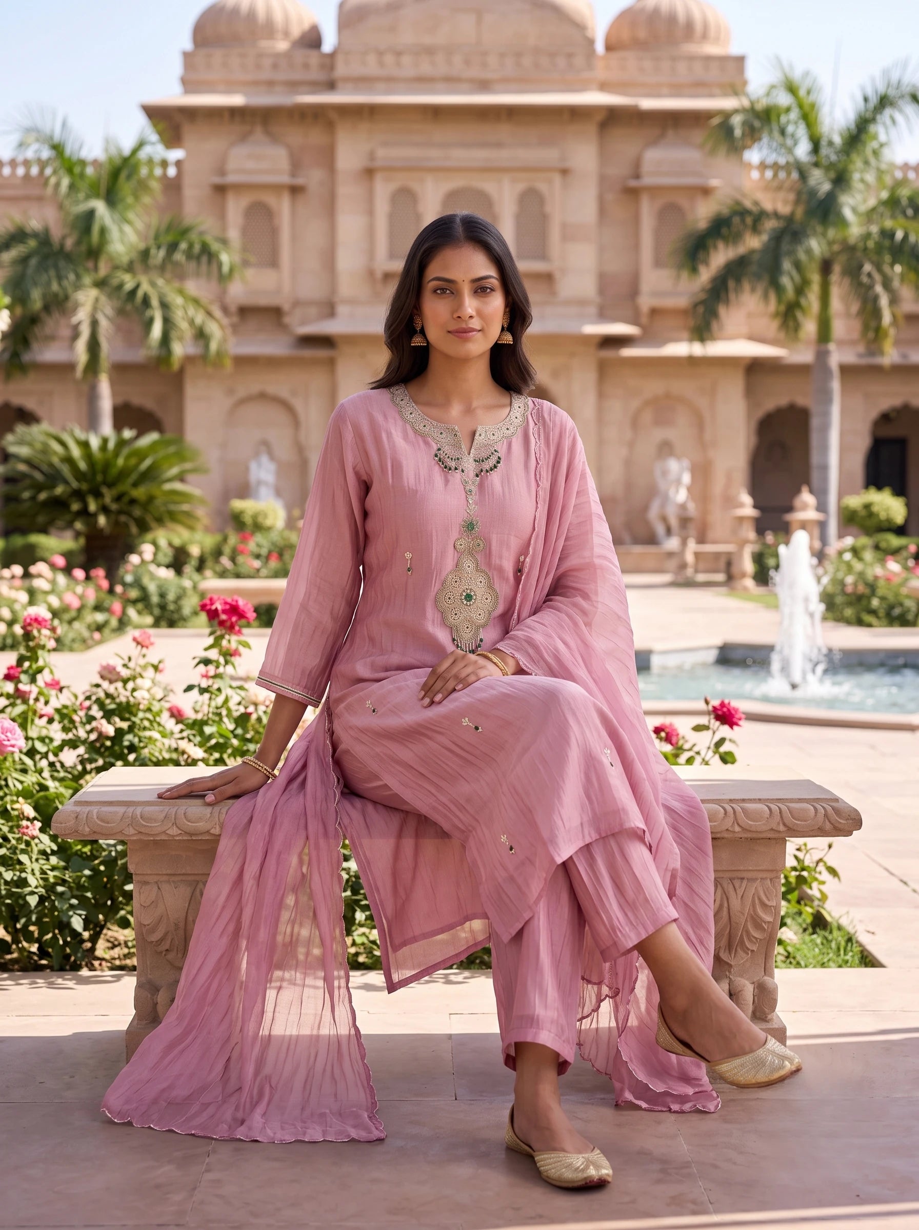 DUSTY PINK DESIGNER HAND EMBROIDERED FESTIVE SUIT SET