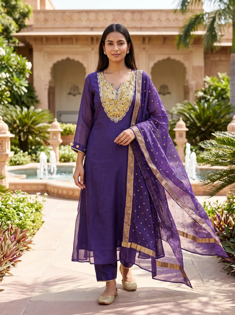 PURPLE FESTIVE DESIGNER HAND EMBROIDERED FESTIVE SUIT SET