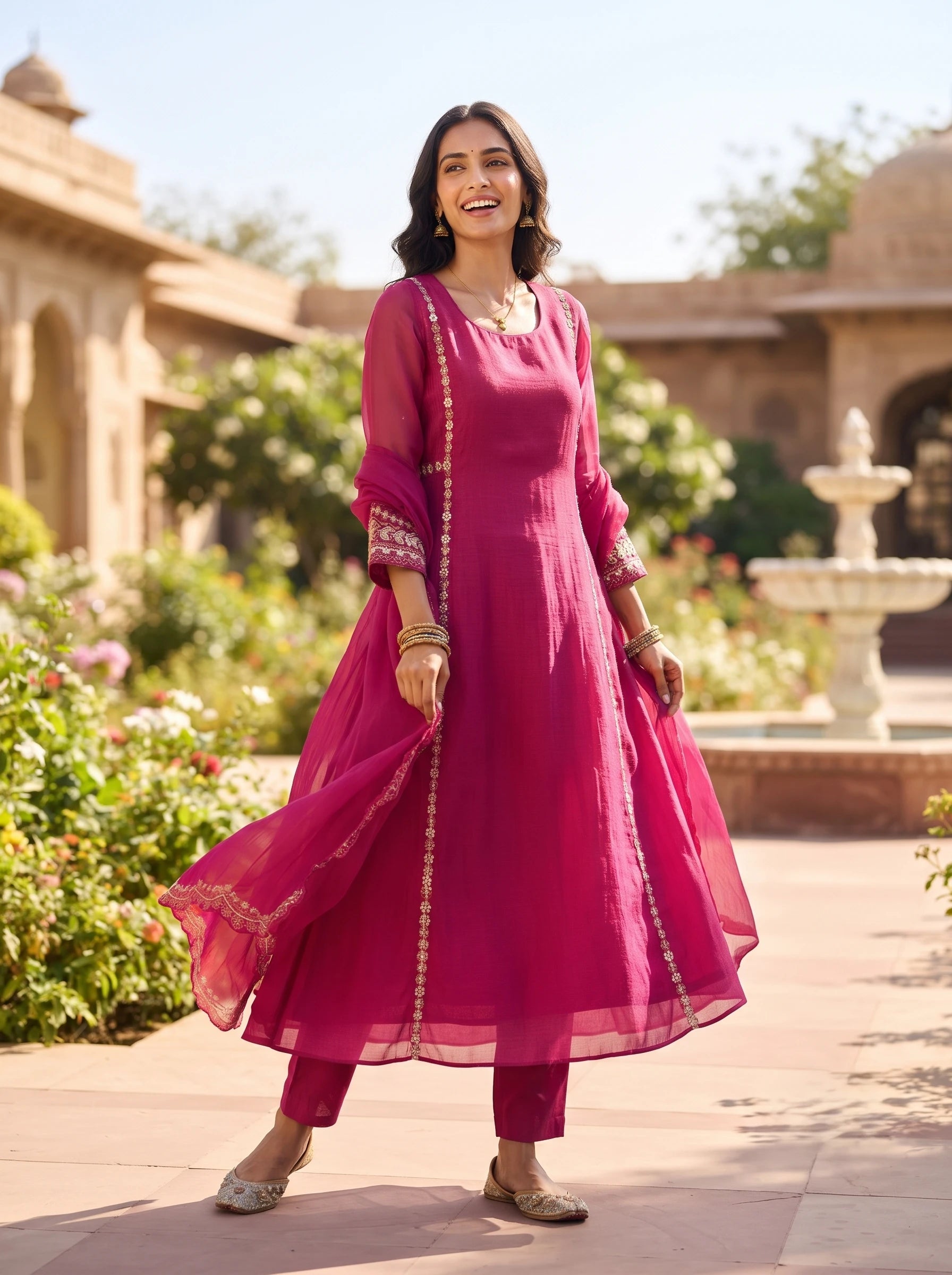 HOT PINK BANARSI MUL CHANDERI DELICATE ZARI WORK SUIT SET