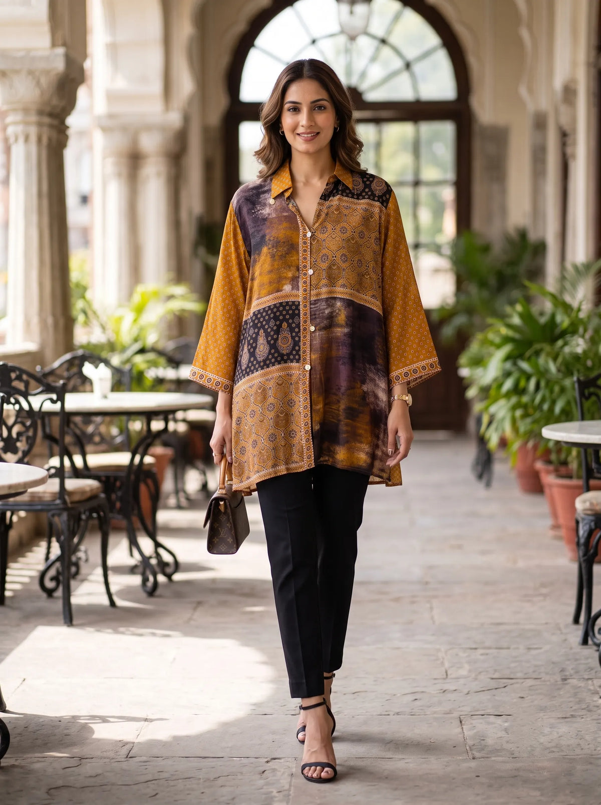 EARTHY TONE PRINTED PURE MUSLIN SHIRT TOP