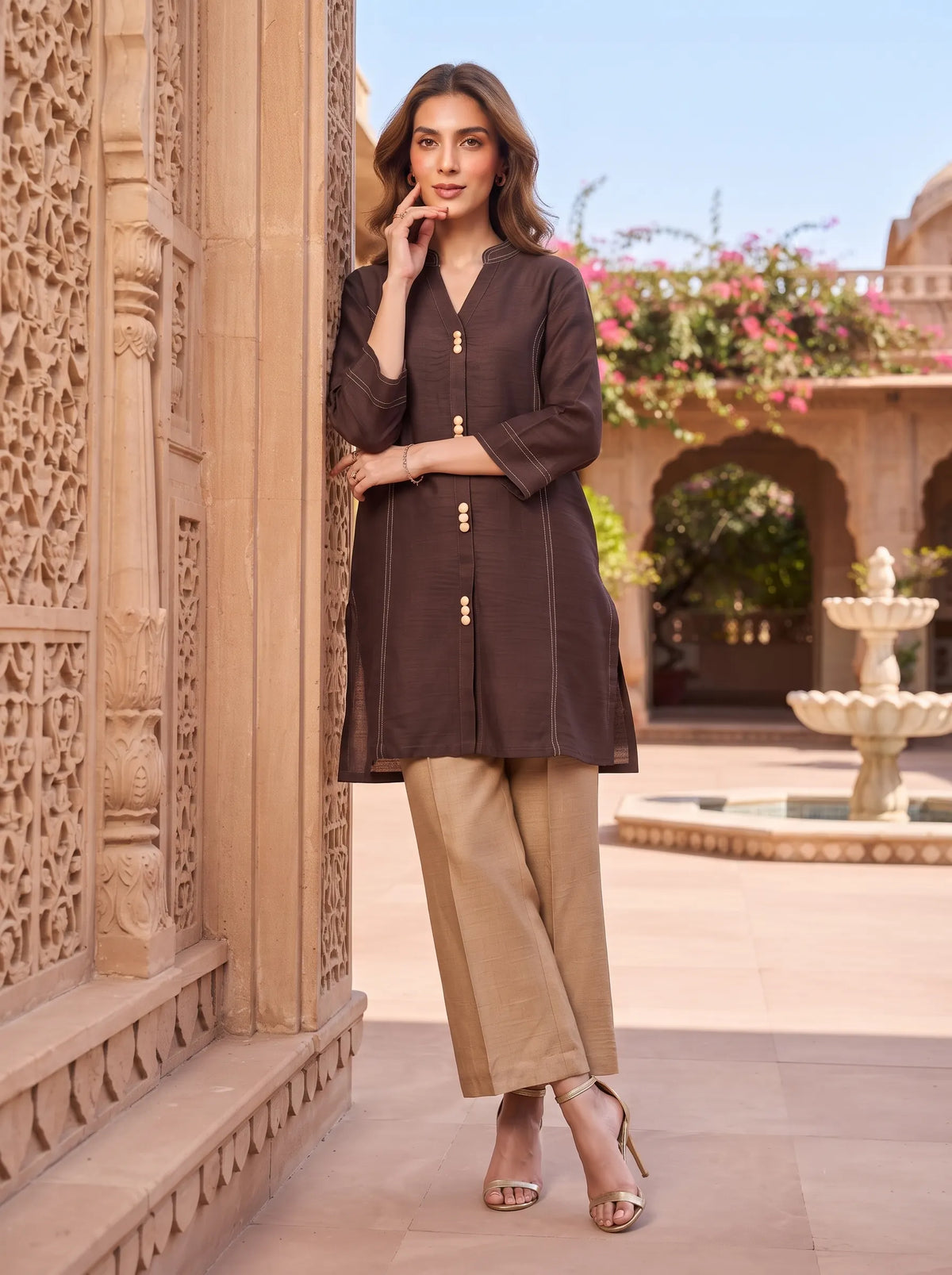 DARK BROWN CONTRAST STITCH DETAIL PREMIUM CASUAL WOMEN CO-ORD SET