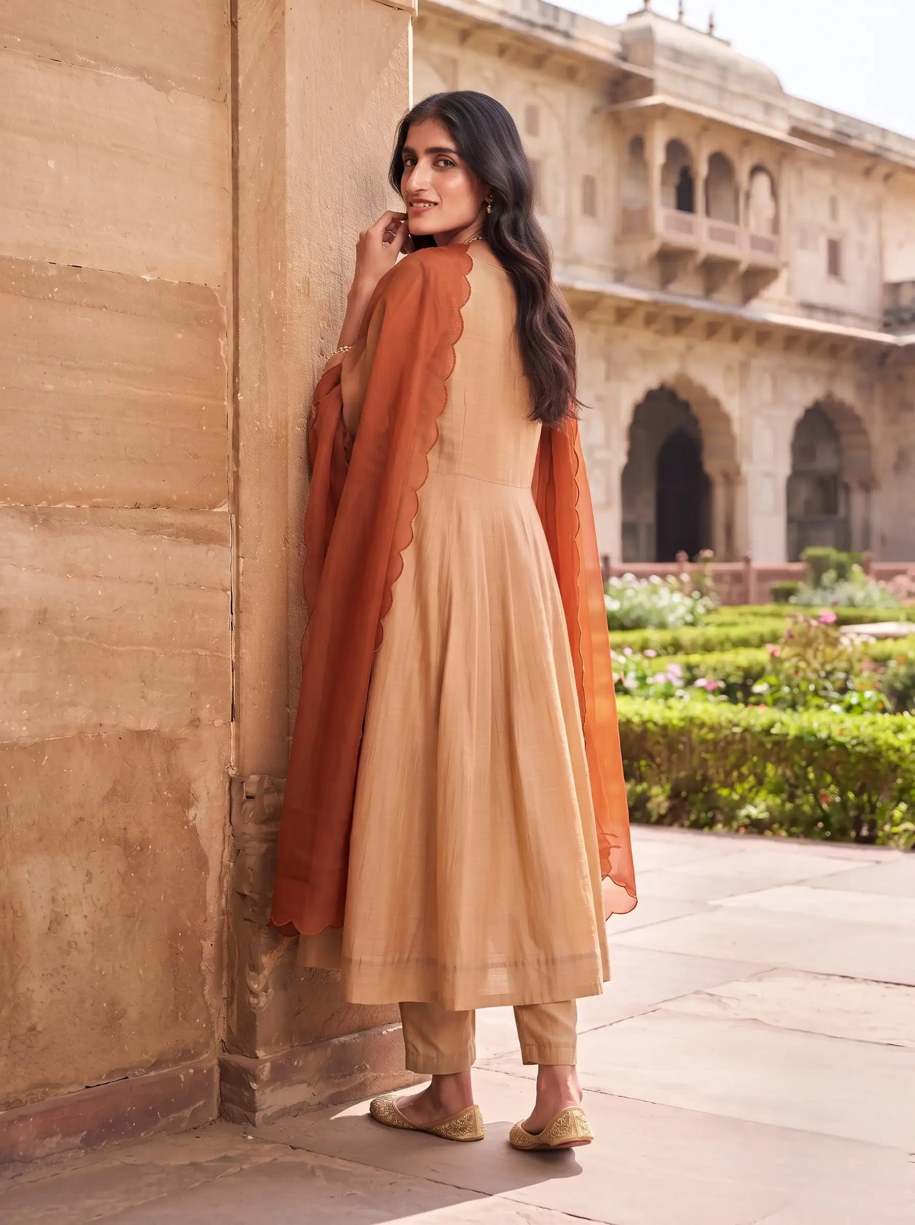 CARAMEL GOLD DESIGNER BANARSI MUL CHANDERI SUIT WITH DUPATTA