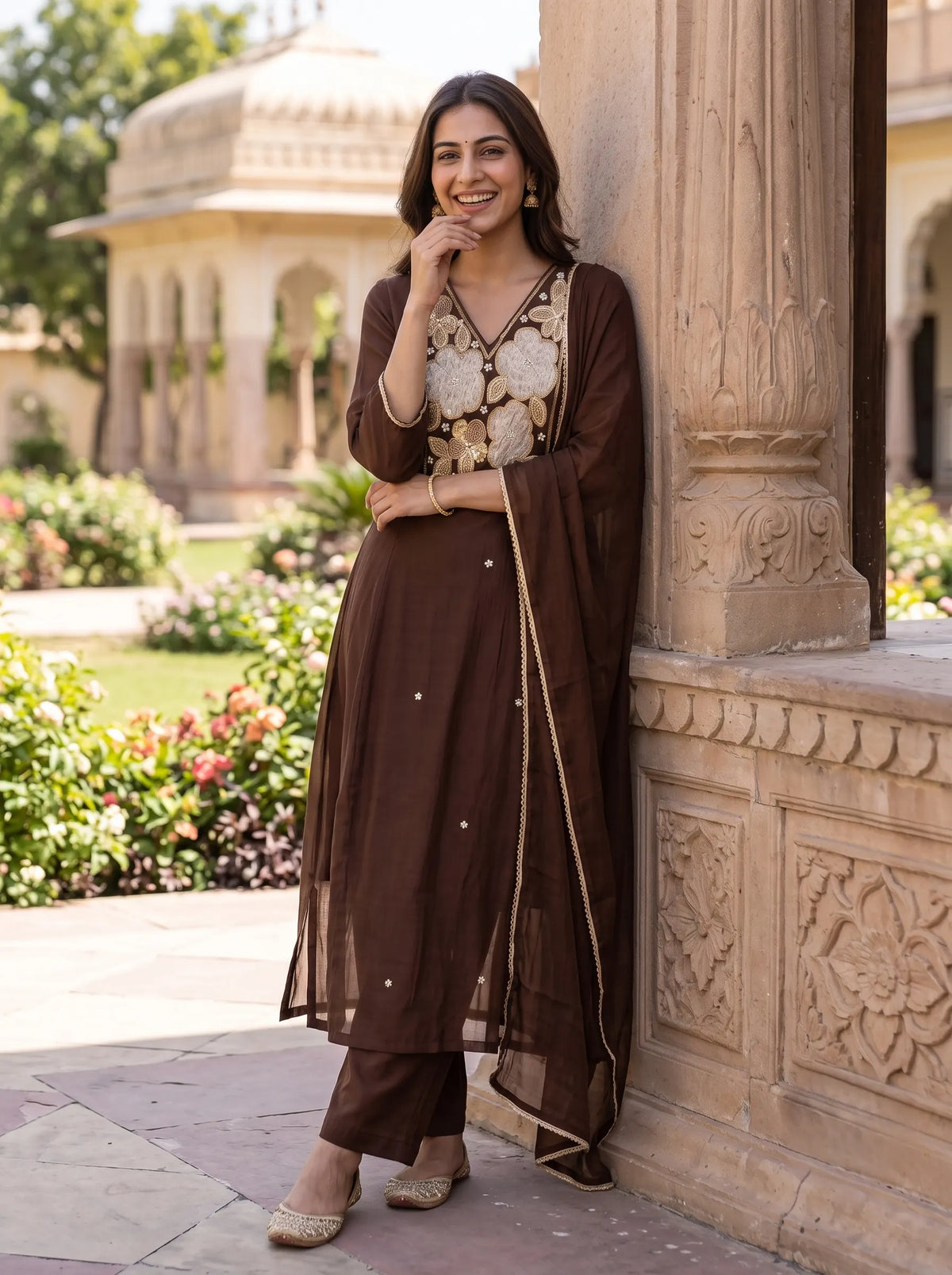 CHOCOLATE BROWN FESTIVE ANARKALI SUIT WITH HEAVY GOLD FLORAL EMBROIDERY