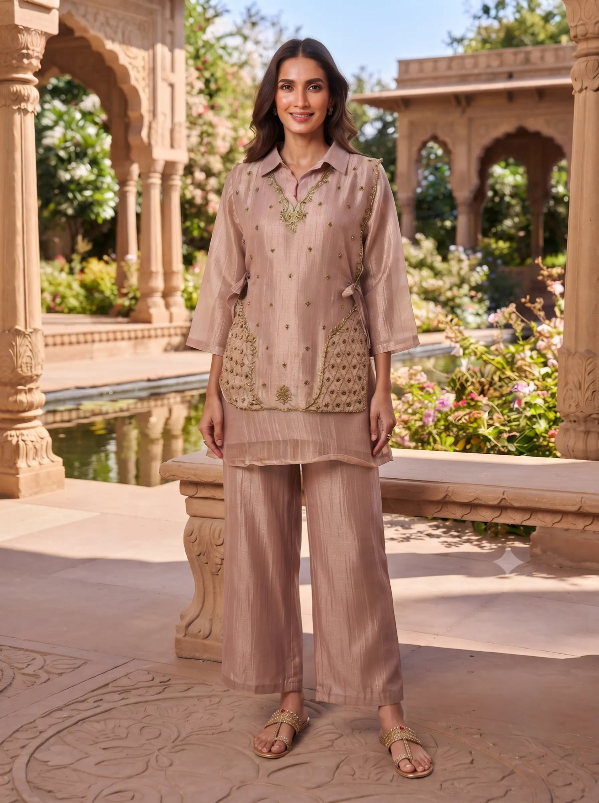BLUSH PINK SHIMMER TISSUE EMBROIDERED TUNIC PANT CO-ORD SET