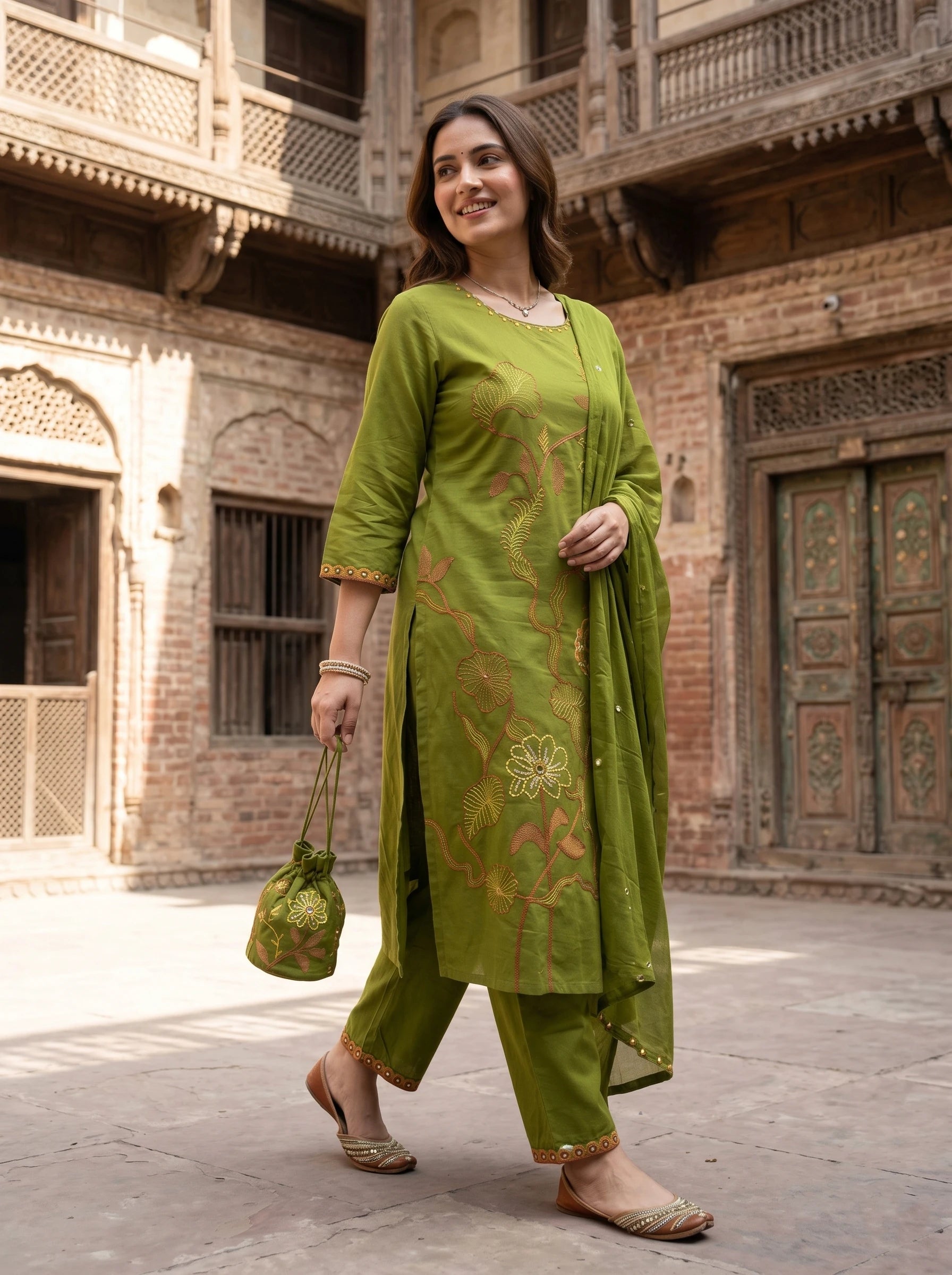 OLIVE FLORA THREADWORK SUIT SET