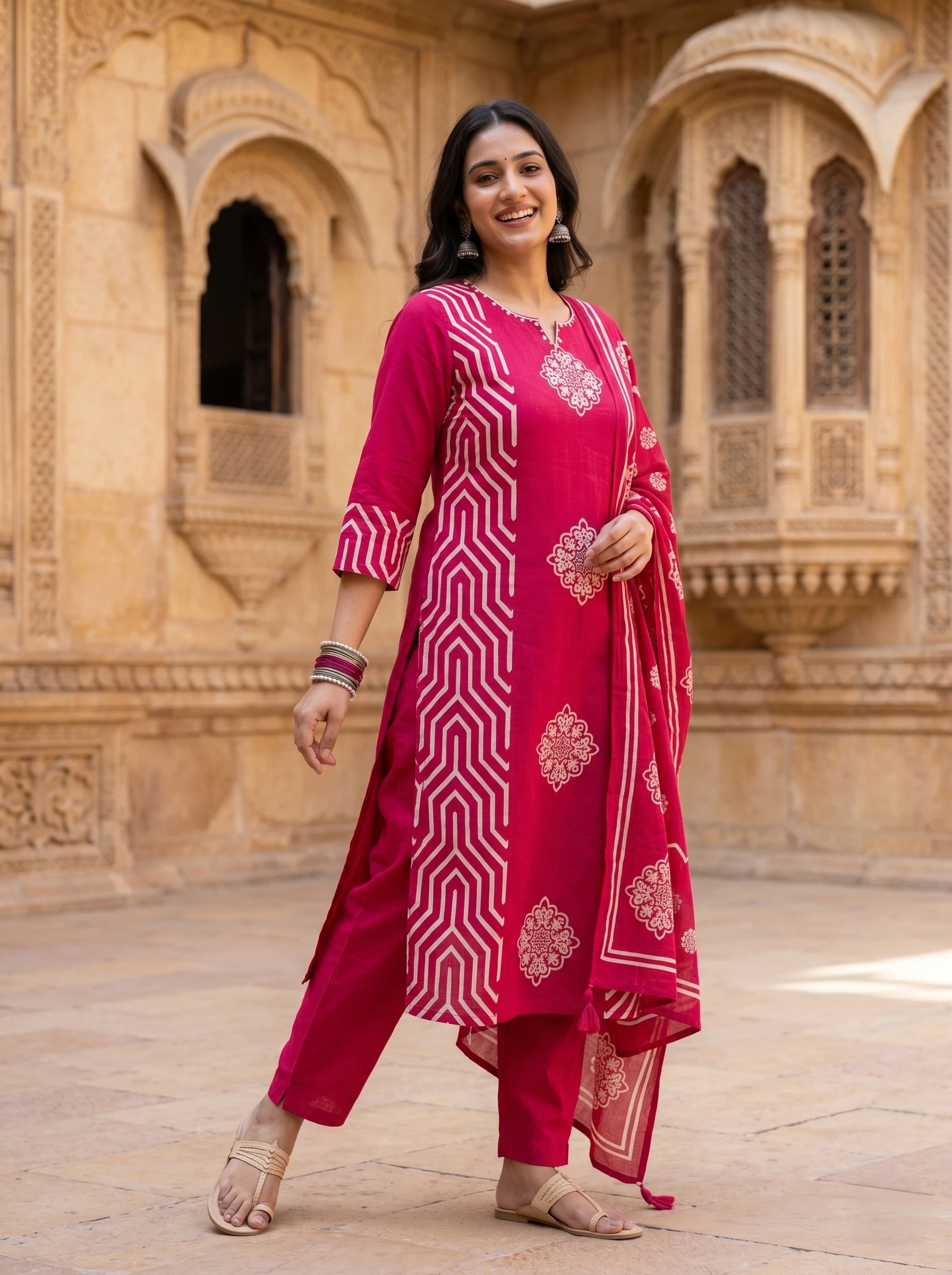 RANI PINK BLOCK PRINTED HANDWORK SUIT SET
