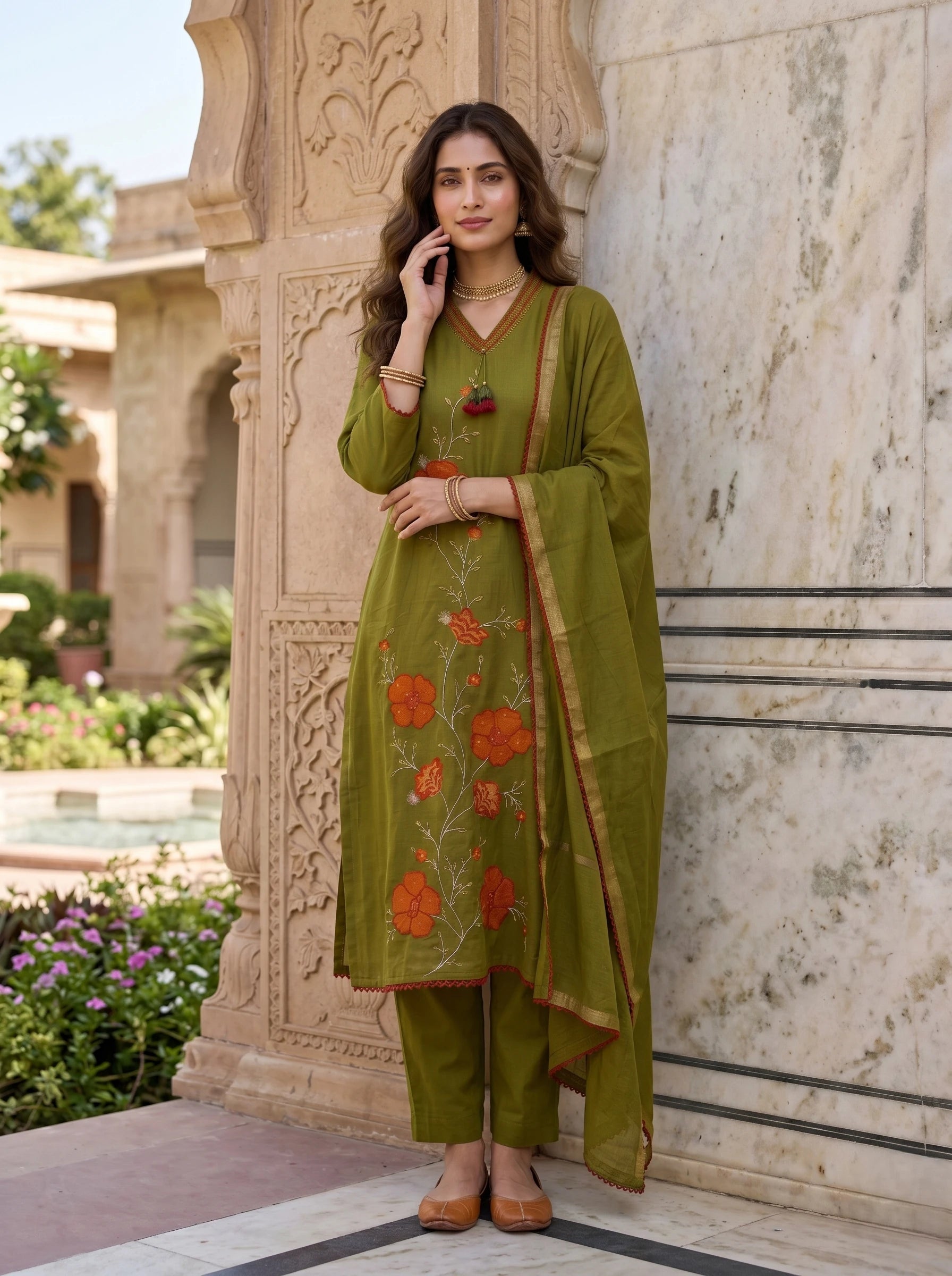 SAGE GREEN THREADWORK MUL COTTON SUIT SET
