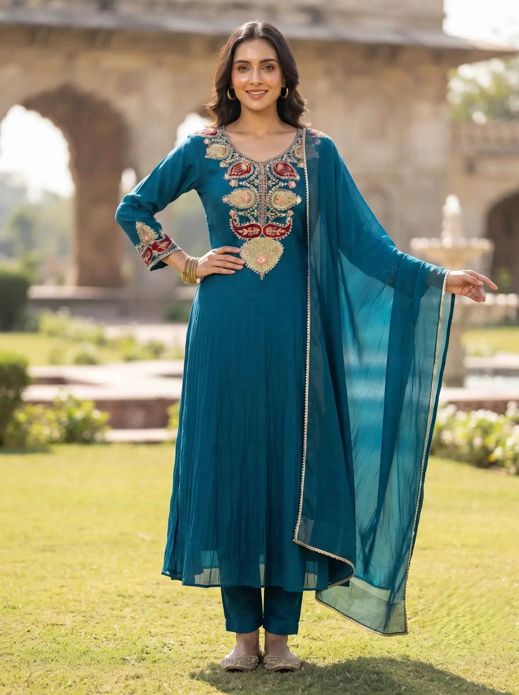 PEACOCK BLUE TRADITIONAL MOTIF FESTIVE DESIGNER BANARSI MUL CHANDERI SUIT