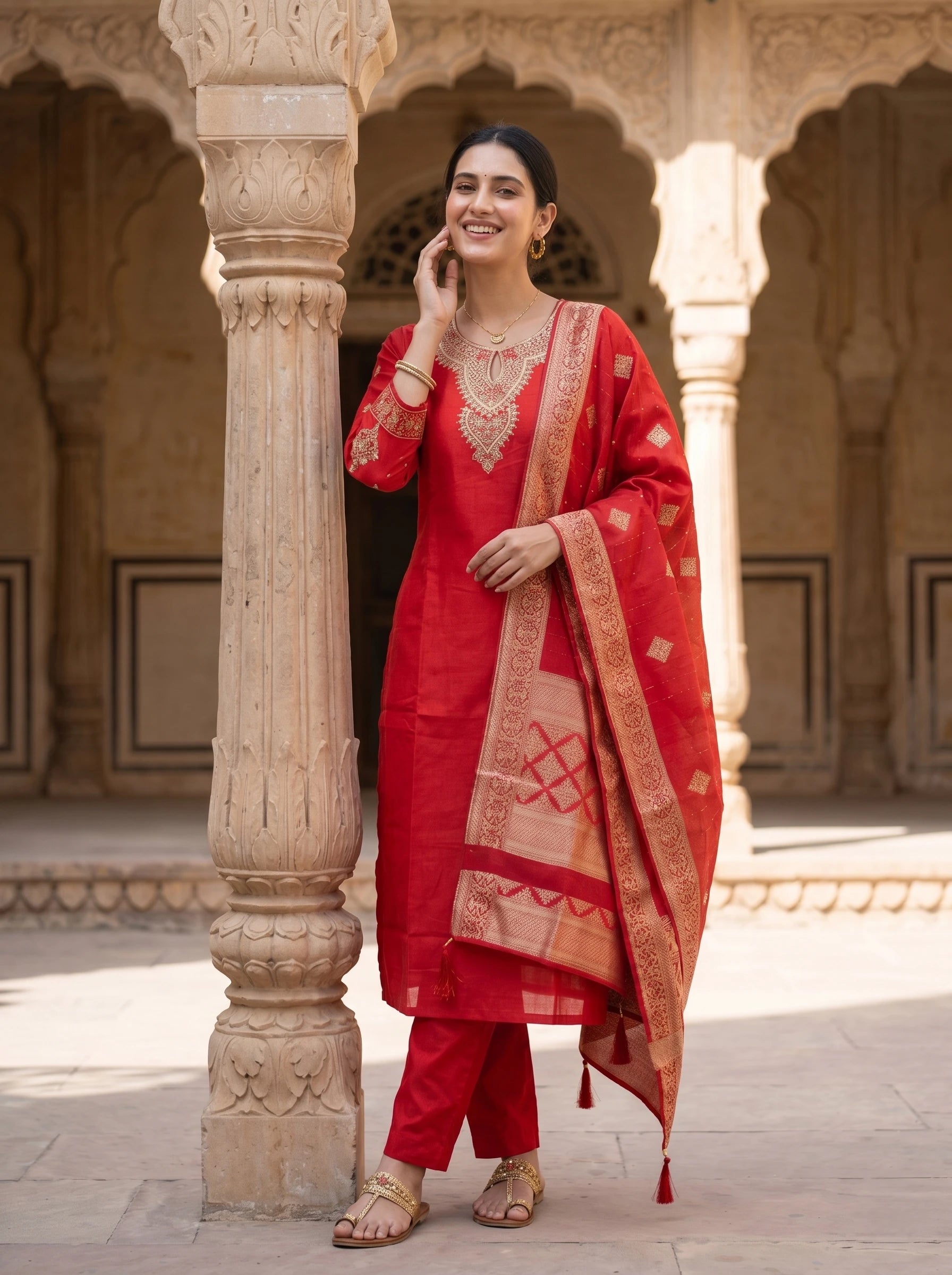 JASHAN RED HAND WORK BANARSI DUPATTA SUIT SET