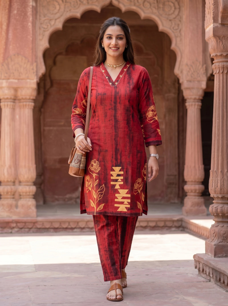 RUSTIC RED ABSTRACT PRINT PURE COTTON CO-ORD SET