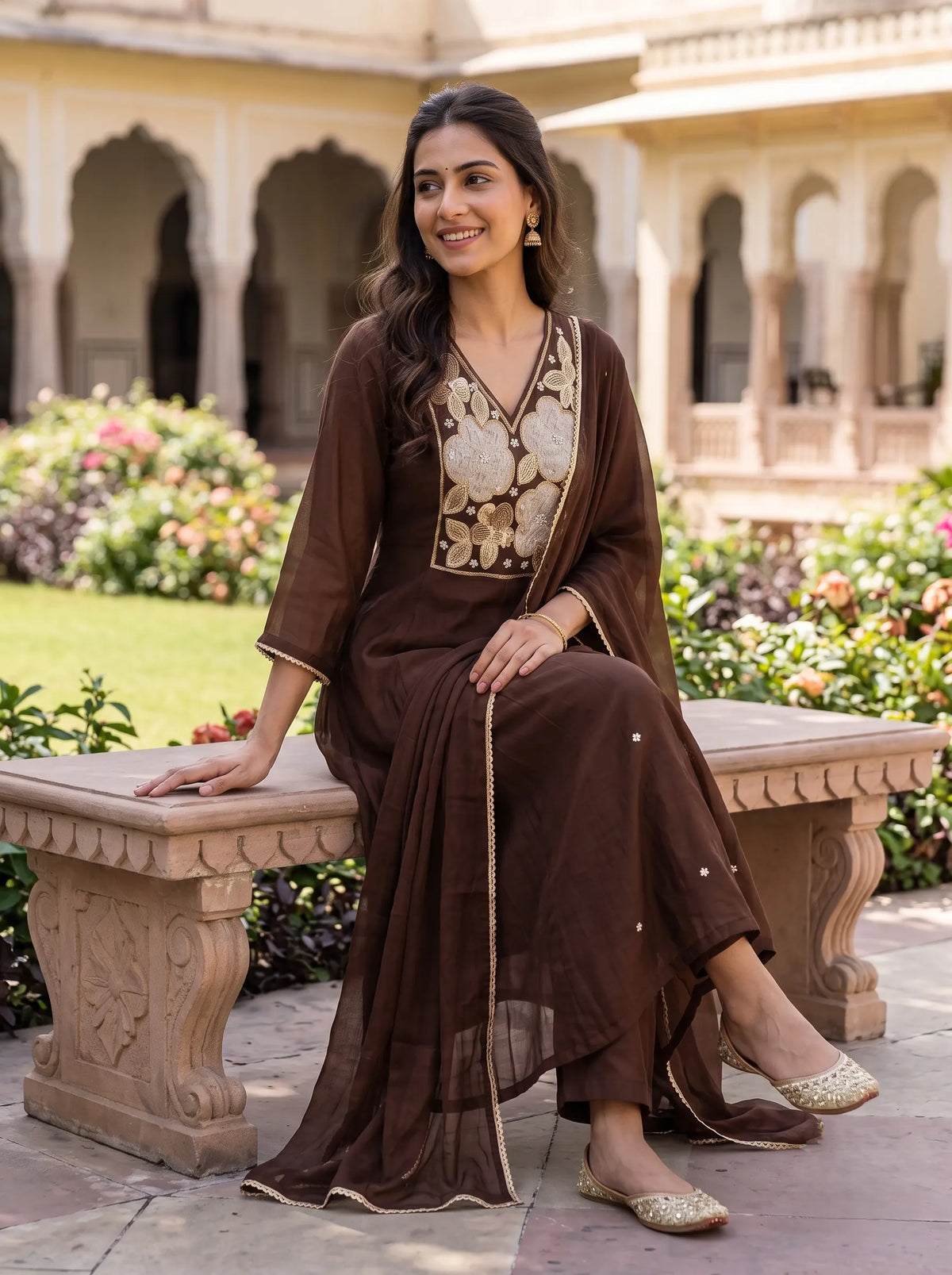CHOCOLATE BROWN FESTIVE ANARKALI SUIT WITH HEAVY GOLD FLORAL EMBROIDERY
