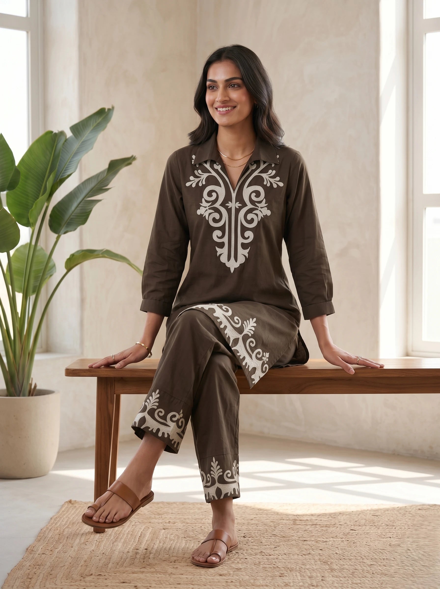 CLASSIC BROWN IVORY THREADWORK CO-ORD SET