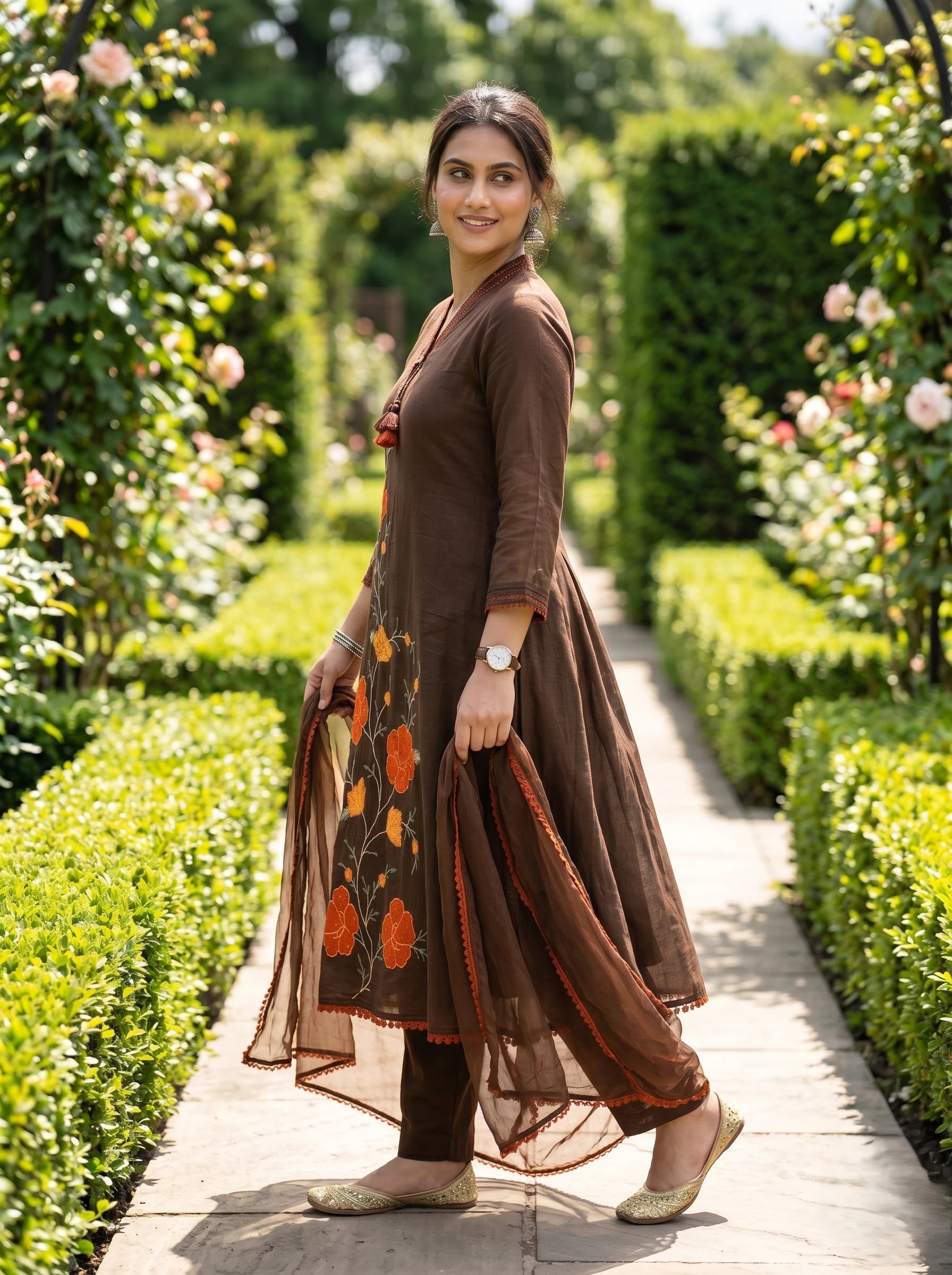 MOCHA BLOOM THREADWORK MUL COTTON SUIT SET