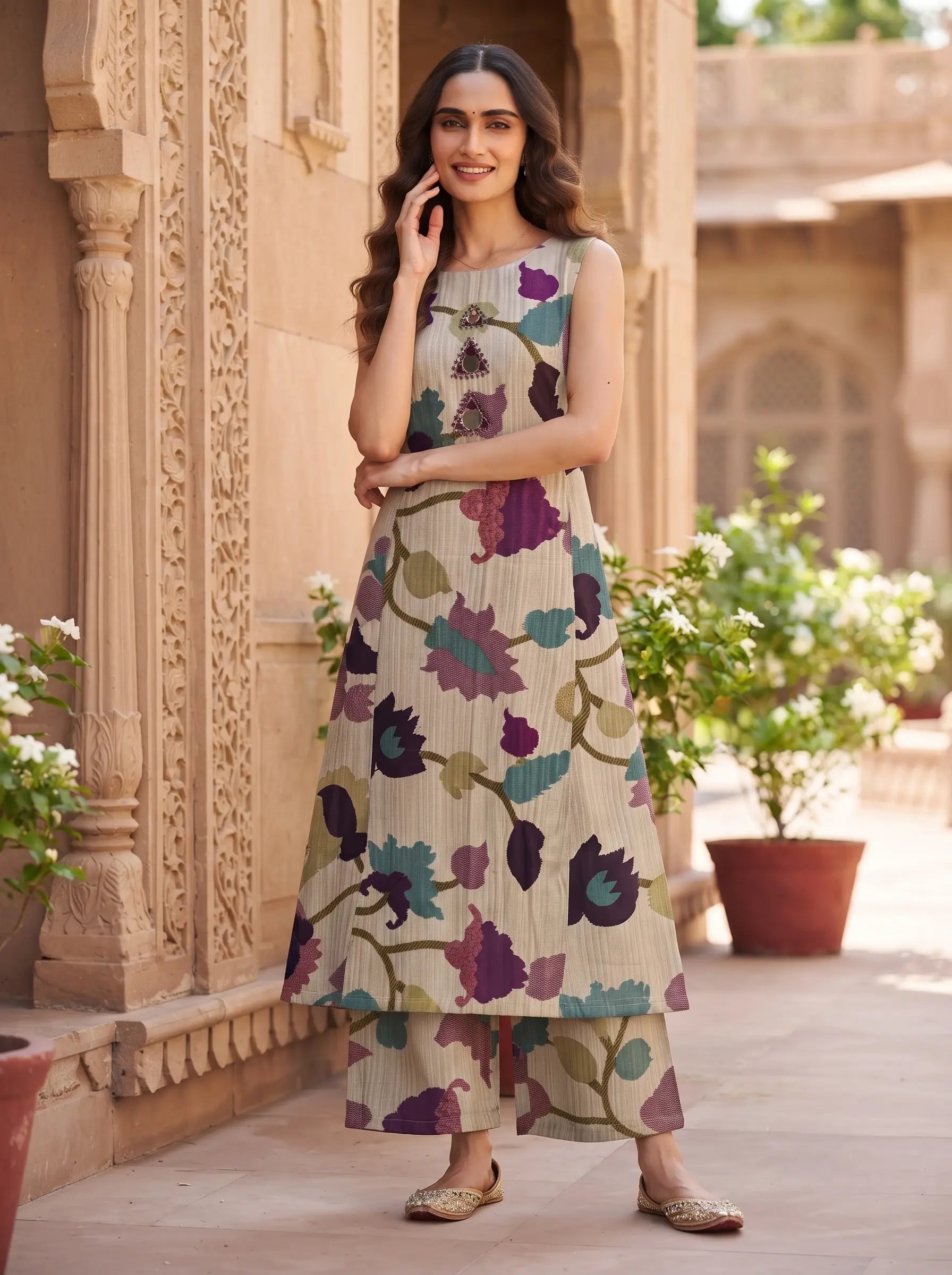BEIGE LARGE ABSTRACT FLORAL PRINT ROMAN KURTA SET