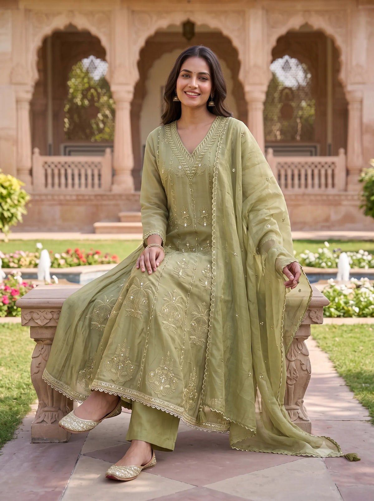 SAGE GREEN FLOWING ANARKALI WITH DELICATE FLORAL EMBROIDERED SUIT SET