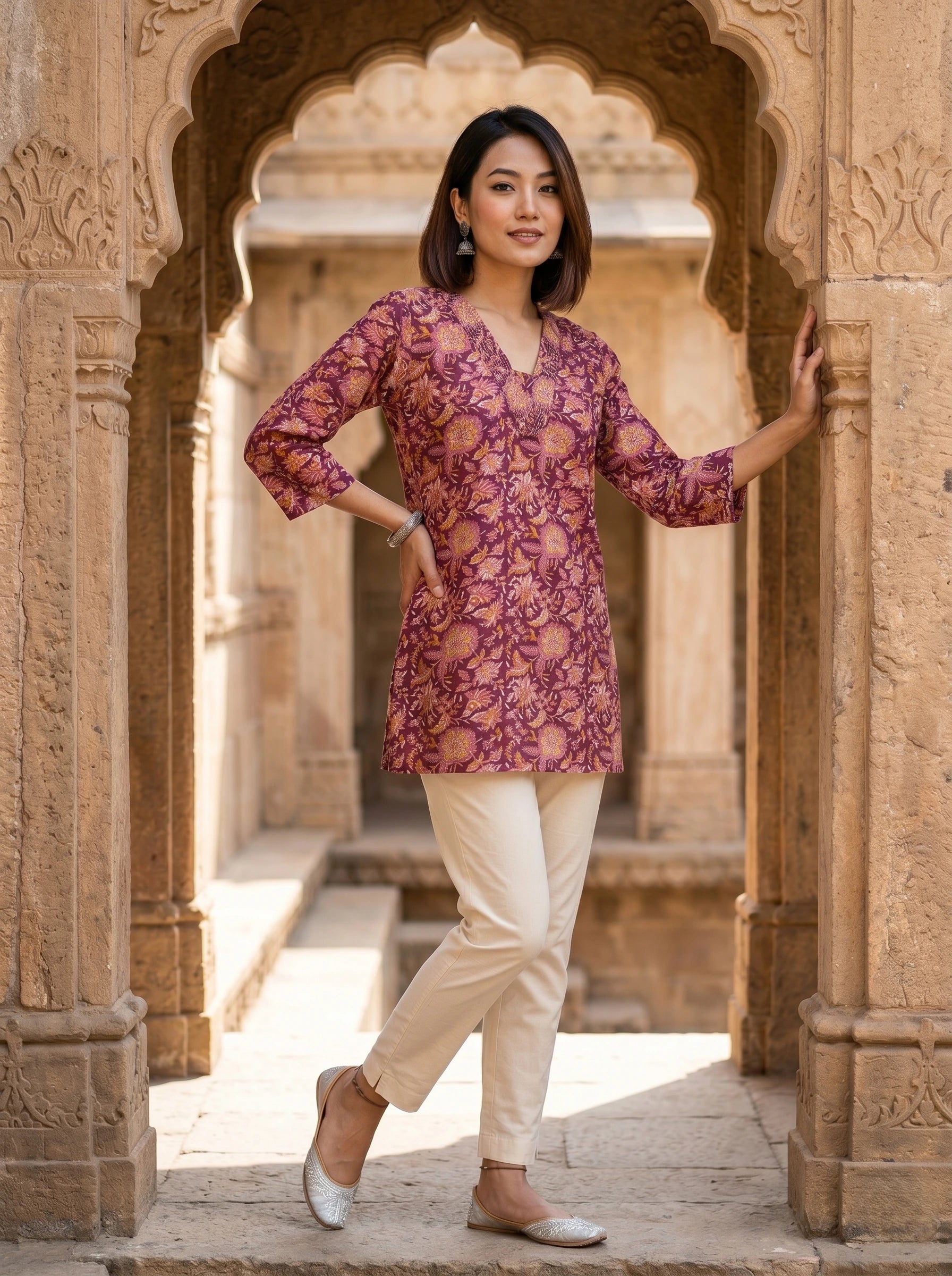 WINE FLORAL PRINT CASUAL KURTI