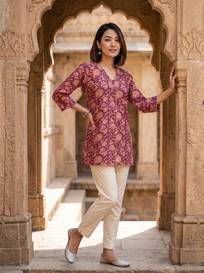 WINE FLORAL PRINT PURE COTTON CASUAL KURTI