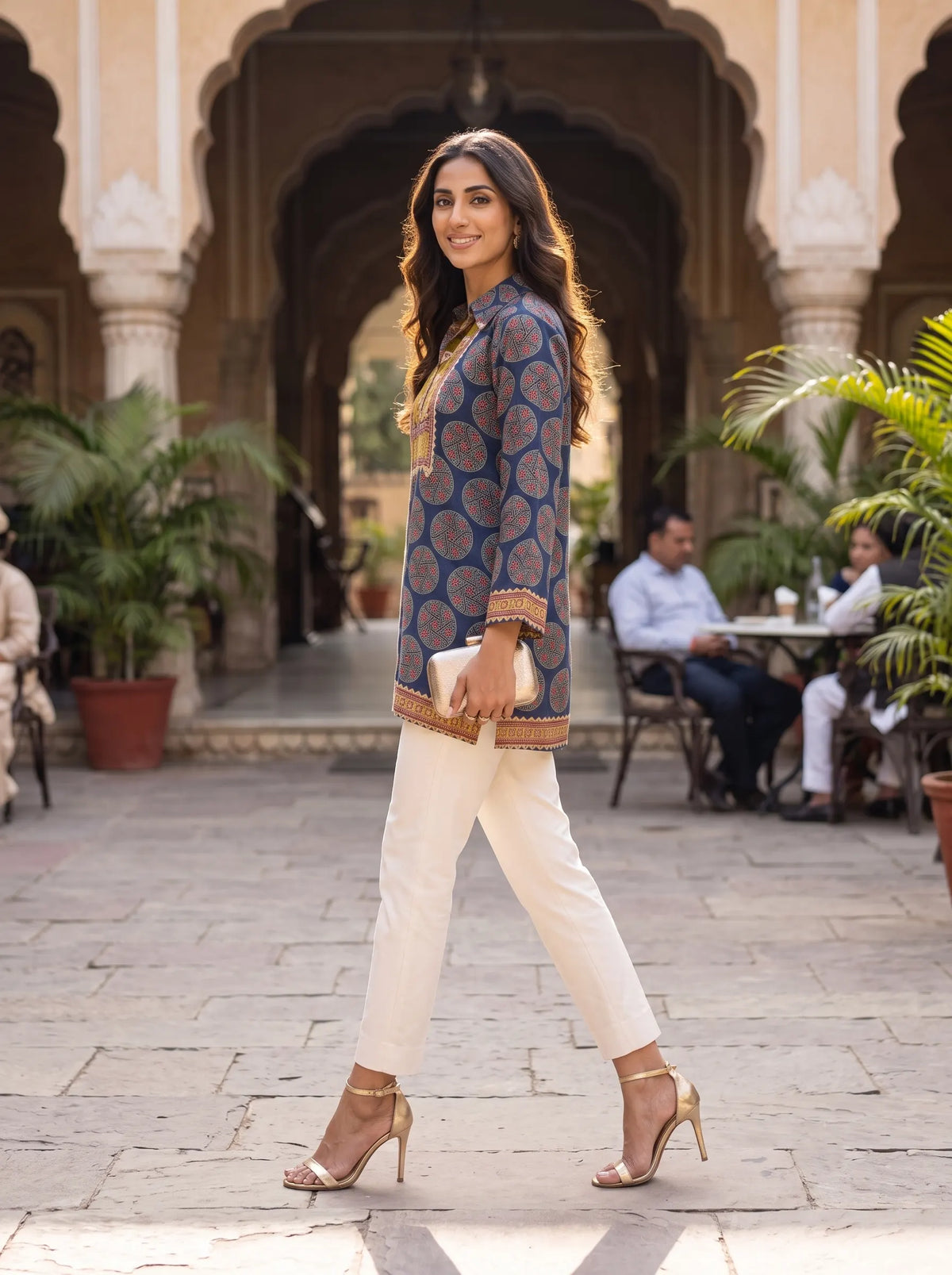 INDIGO AND OLIVE TRADITIONAL PRINTED PURE MUSLIN SHIRT TOP