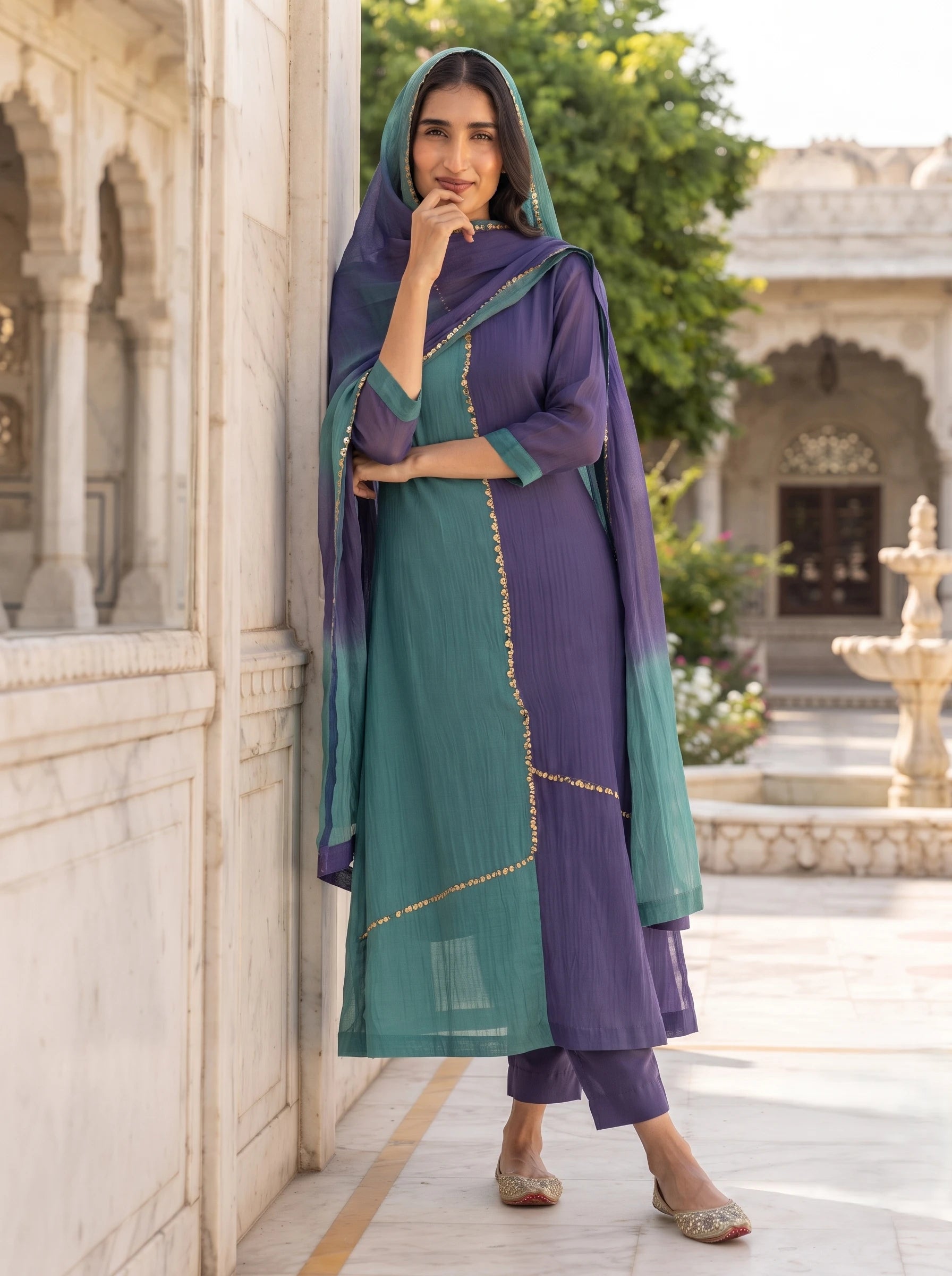 EMERALD GREEN AND PURPLE DUAL-TONE BANARSI MUL CHANDERI SUIT SET