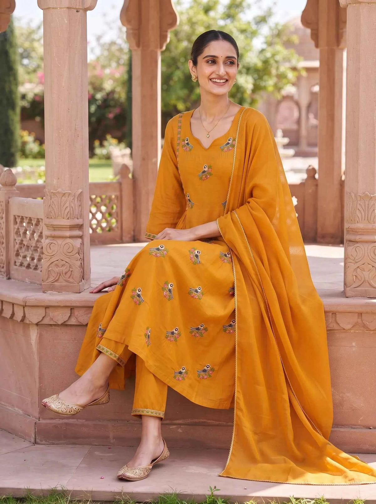 MUSTARD PEACOCK EMBROIDERED STRAIGHT SUIT WITH DUPATTA