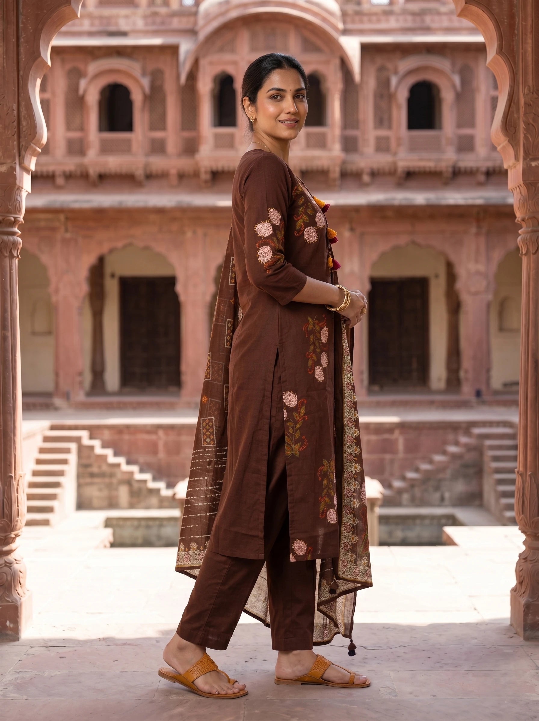 COFFEE BROWN FLORAL COTTON SUIT SET