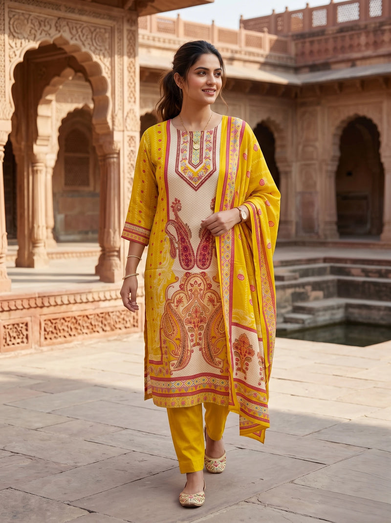 ROYAL YELLOW MIRROR HANDWORK PURE CREPE SUIT SET