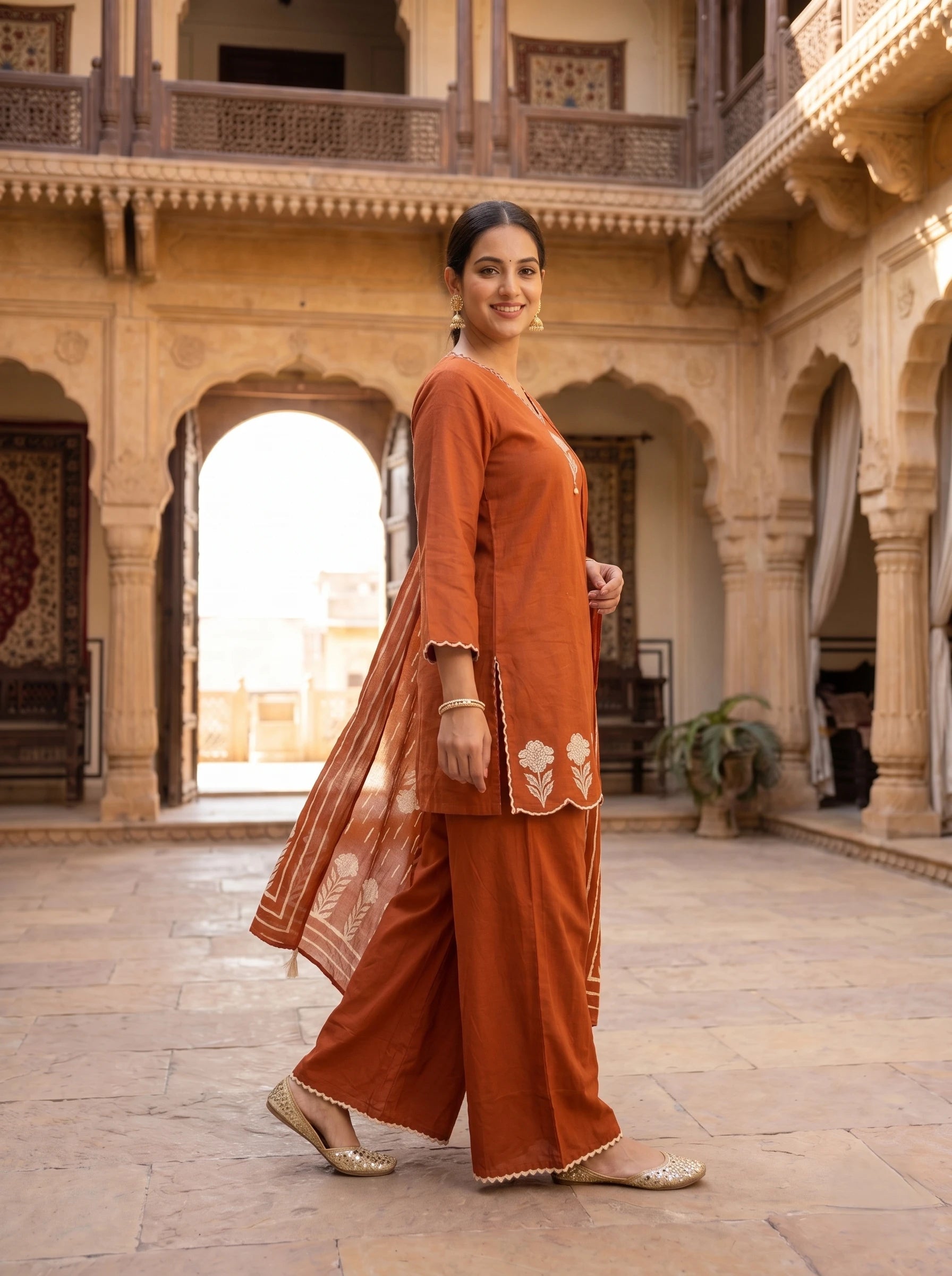 RUSTIC ELEGANCE MIRROR WORK MUL COTTON SHARARA SUIT SET