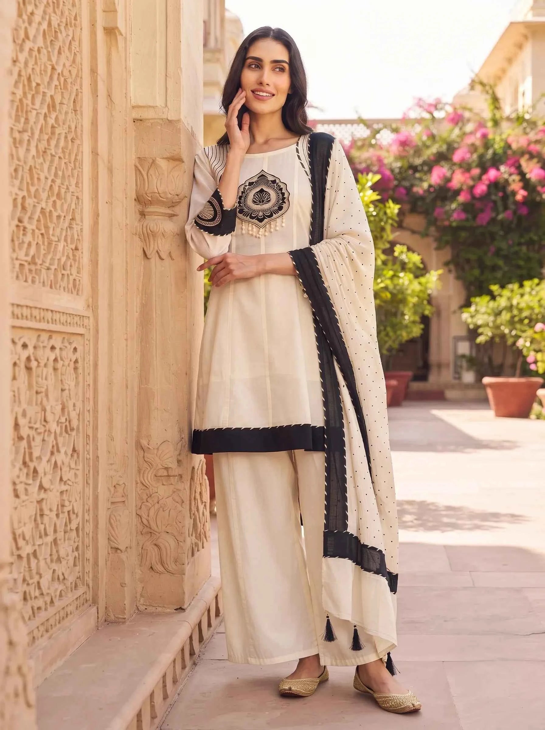IVORY BLACK FULL EMBROIDERED PURE MUL CHANDERI SUIT WITH DUPATTA