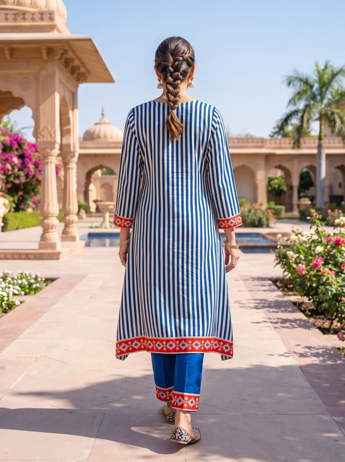 ROYAL BLUE AND RED PEACOCK PURE GAJJI SILK KURTA SET