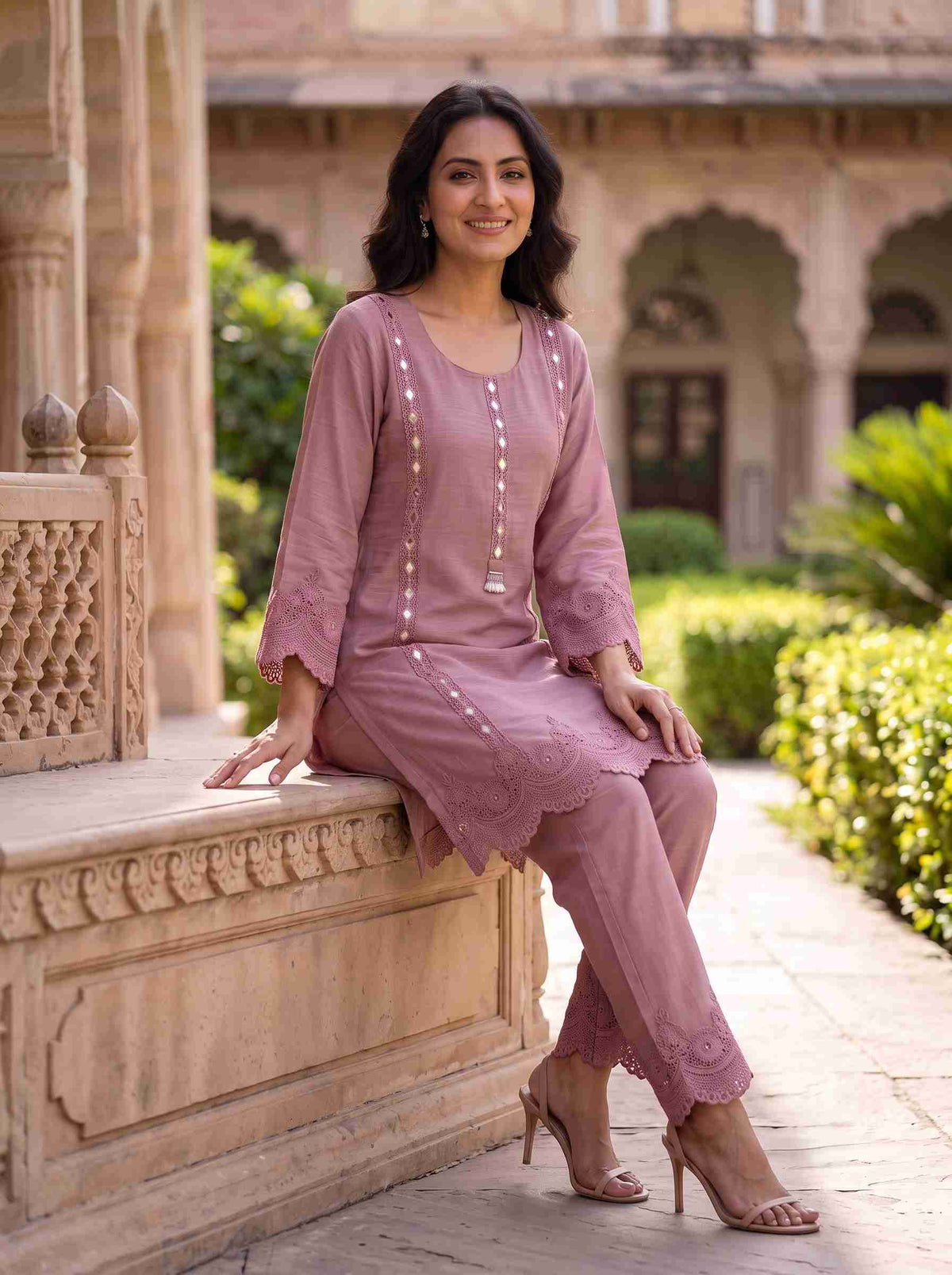 DUSTY ROSE TEXTURED MIRROR WORK LACE DETAIL WOMEN CO-ORD SET