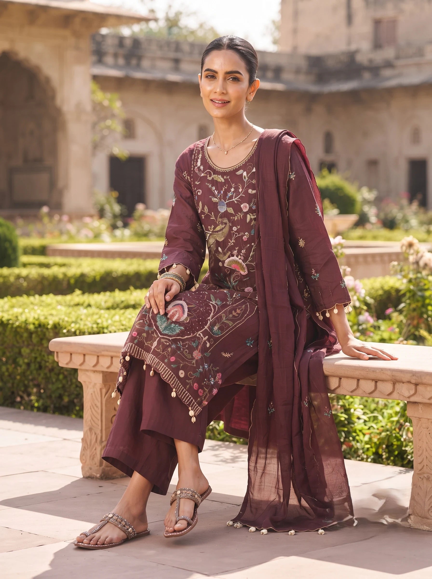 WINE FLORAL BIRD HAND EMBROIDERED PURE DOLA SILK SUIT SET