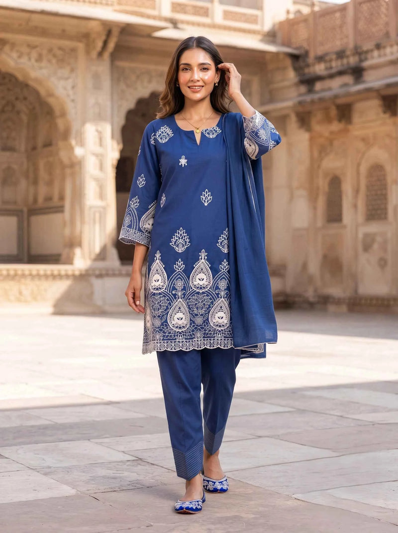 NAVY BLUE ELEGANCE FULL EMBROIDERED PURE COTTON SUIT SET